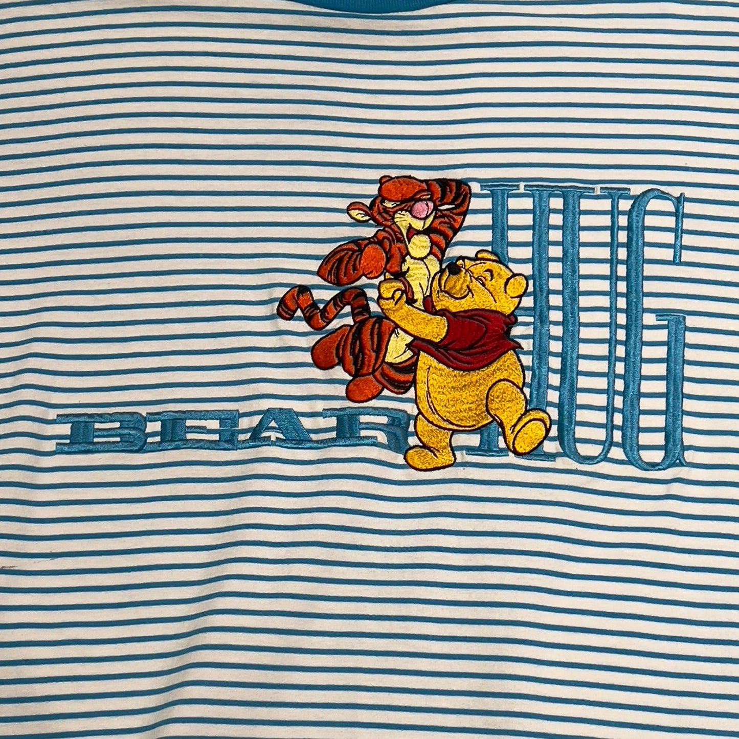 Vintage Winnie The Pooh Bear Hug Striped Shirt Mens Large Embroidered Blue White