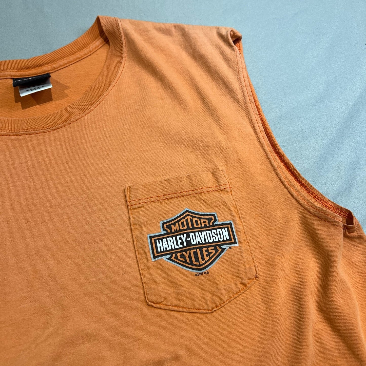 Harley Davidson Sleeveless Tank Top Shirt Mens XL Pocket Orlando Orange