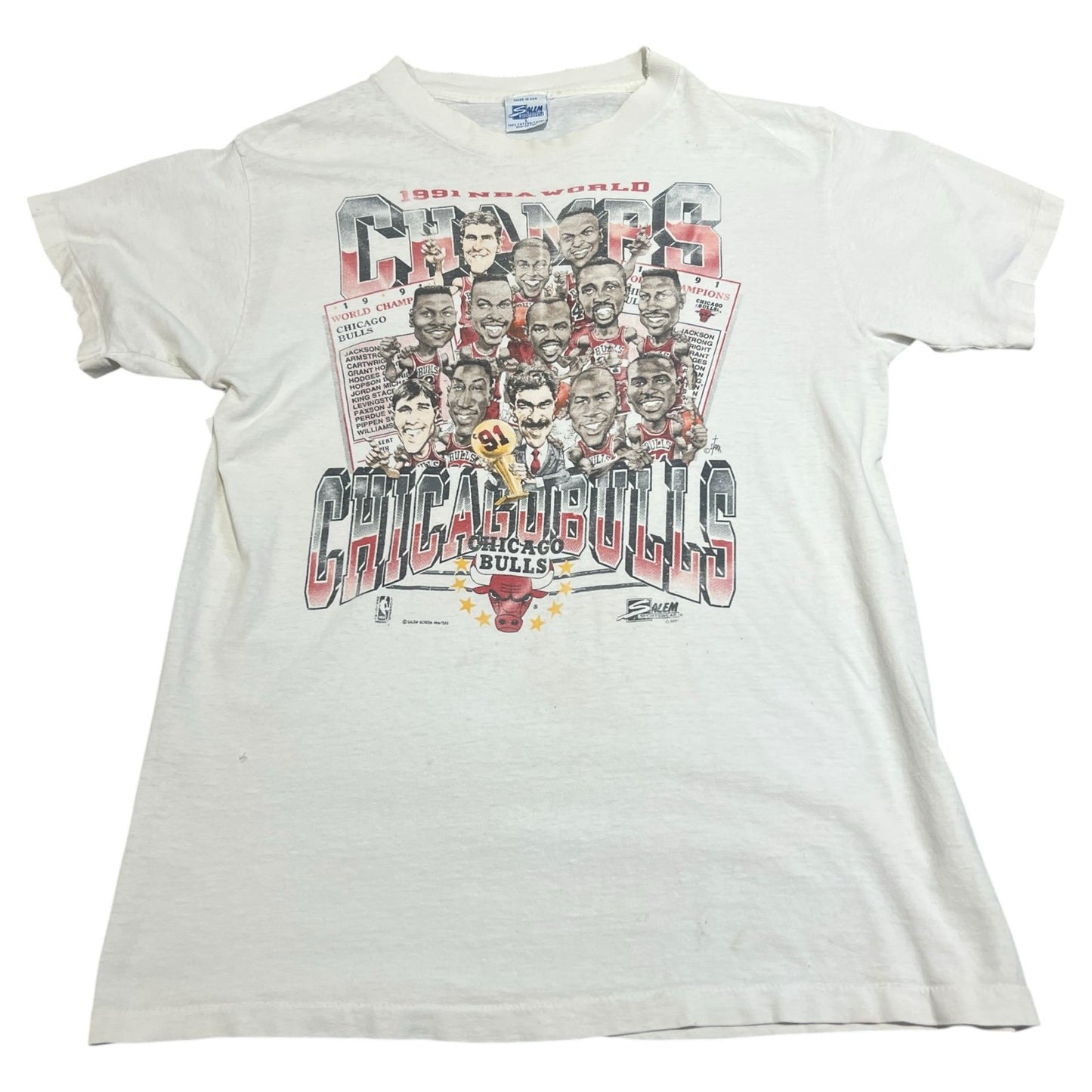 Vintage Salem Chicago Bulls 1991 World Champs Shirt Mens XL Short Sleeve White