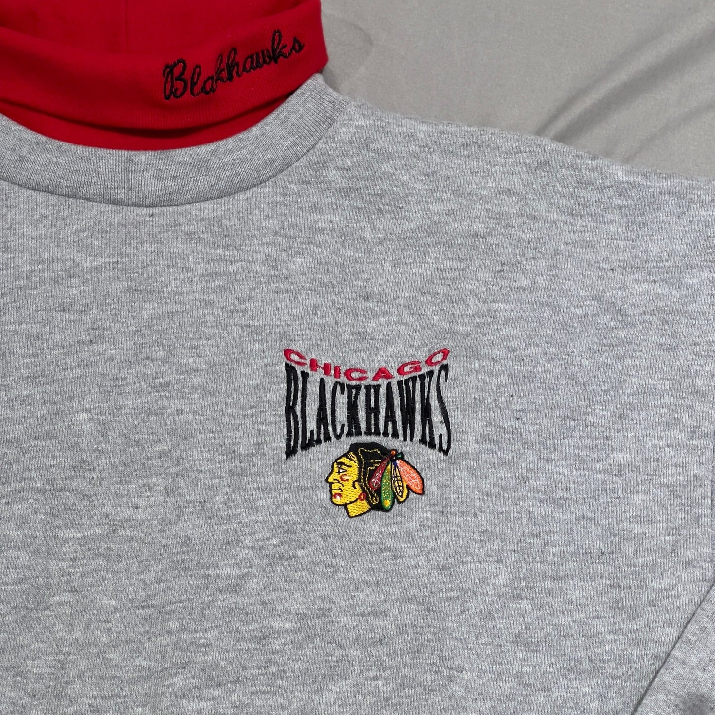 Vintage Chicago Blackhawks Turtleneck Sweater Mens Medium Embroidered Gray NHL