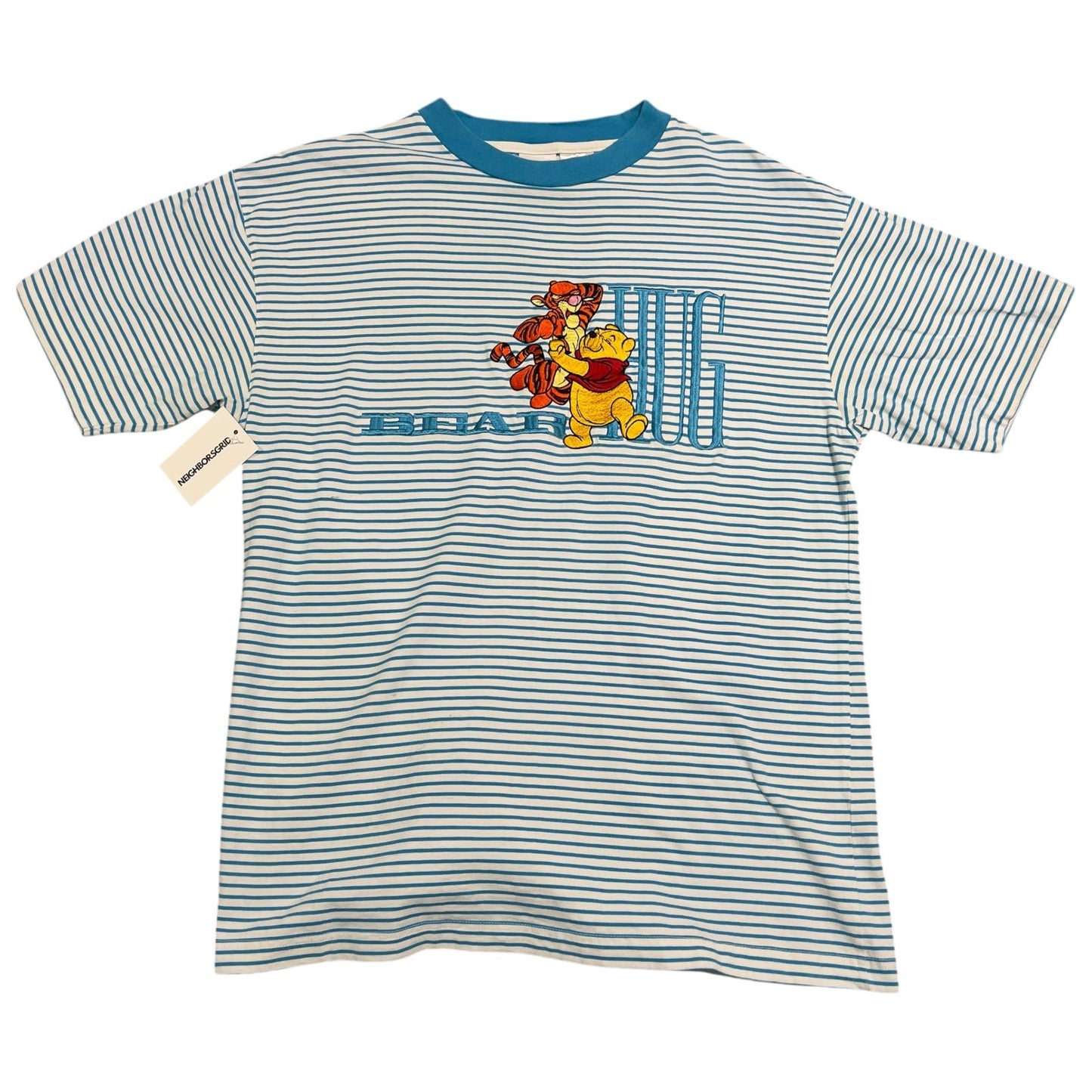 Vintage Winnie The Pooh Bear Hug Striped Shirt Mens Large Embroidered Blue White