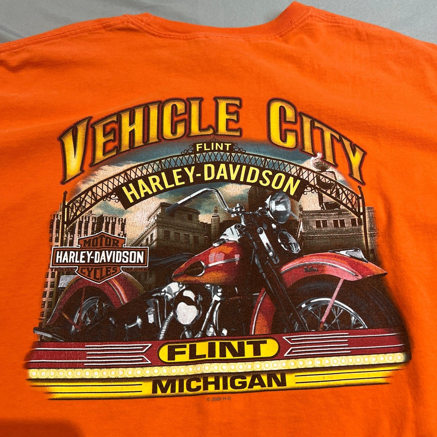 Harley Davidson Hanes Vehicle City Flint Mens 2XL XXL Orange Short Sleeve