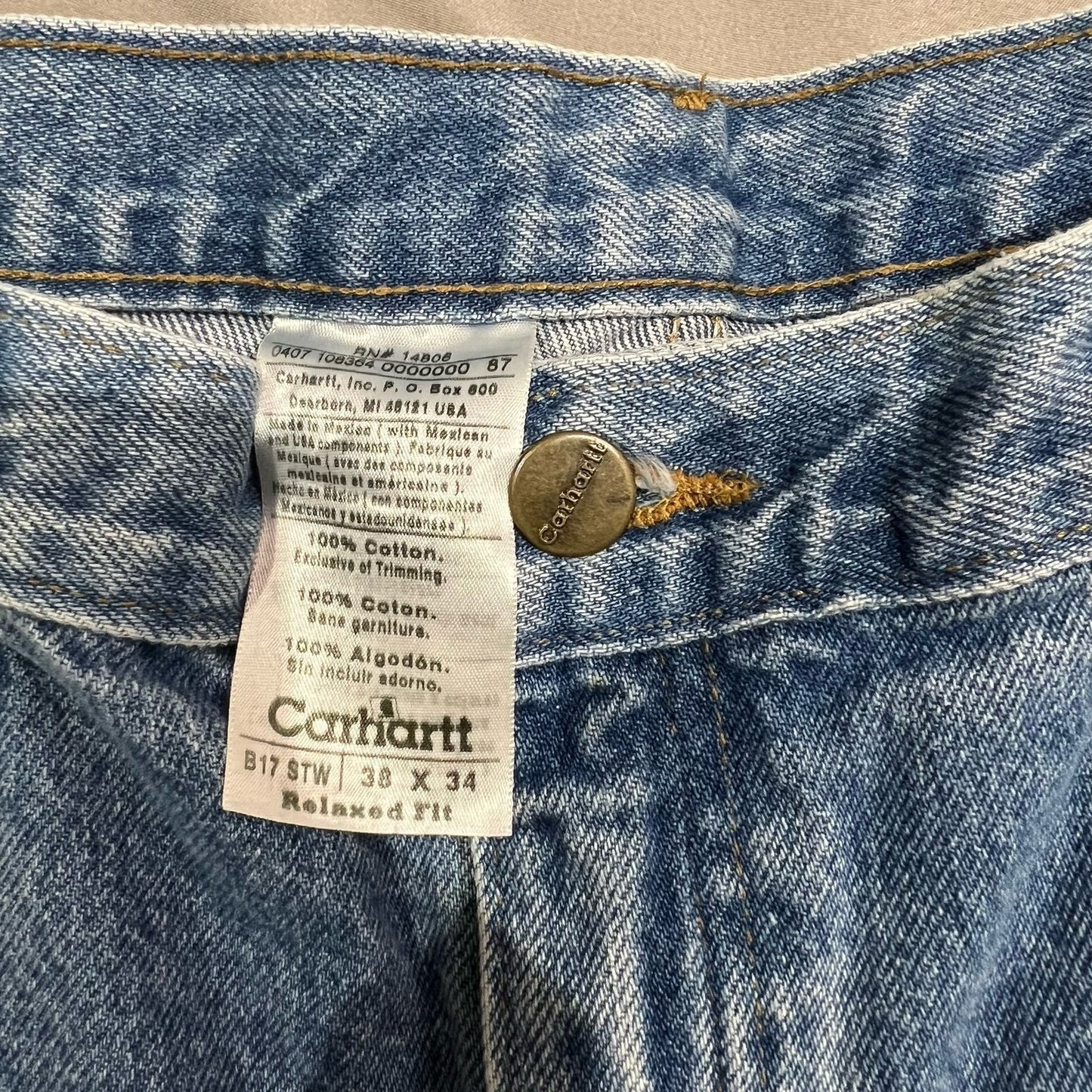 Carhartt Jeans Mens 38x34 Relaxed Fit Blue Pants Workwear B17 STW Denim