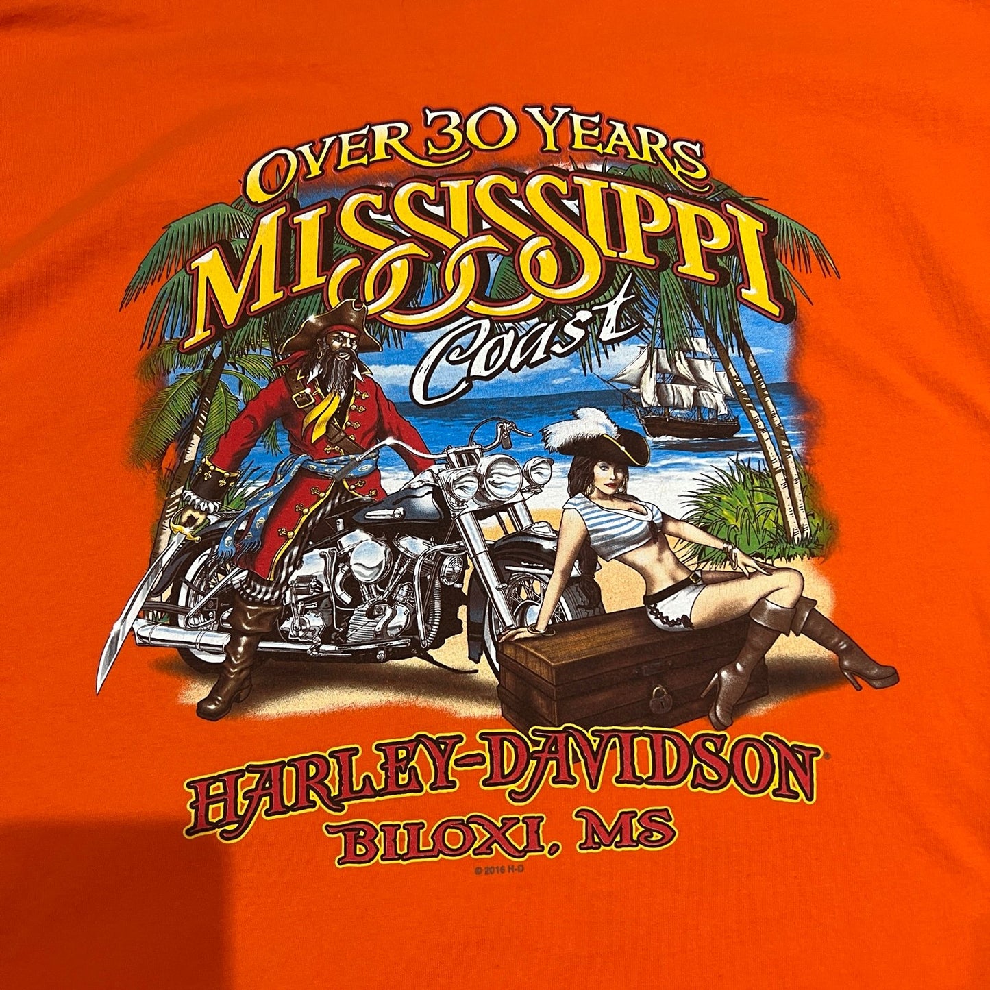 Harley Davidson Shirt Mens 2XL XXL Over 30 Years Mississippi Coast Orange Biloxi