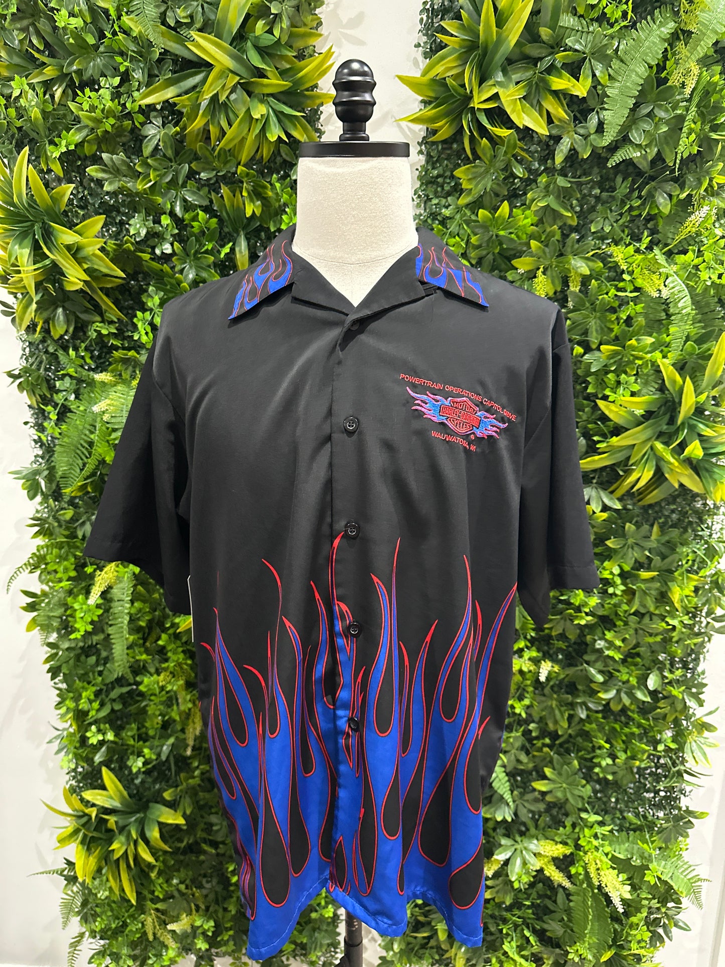 (Mens Large) Harley Davidson Blue Flame Button-Up Shirt 007