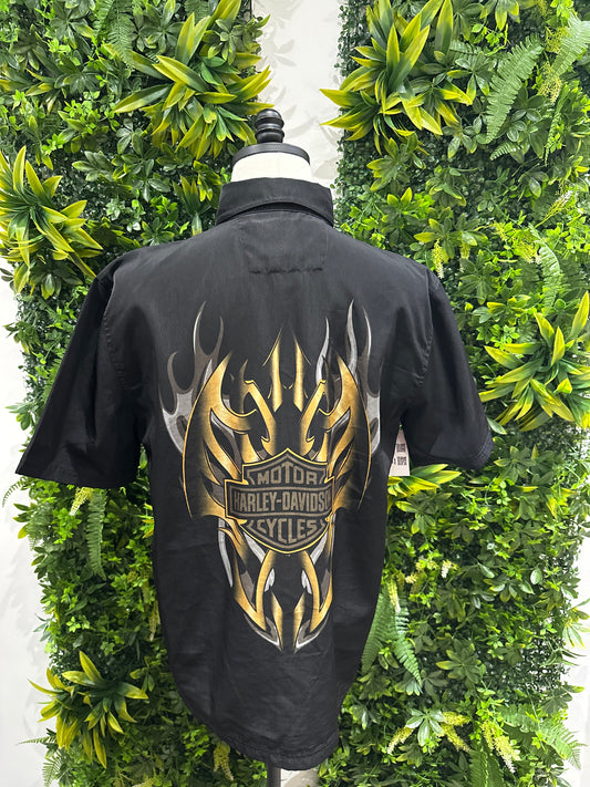 (Mens Medium) Harley Davidson Black Button-Up Shirt 007