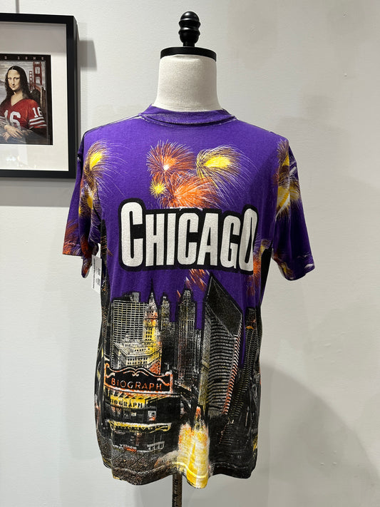(Mens Large) 90s Chicago City Skyline AOP Shirt