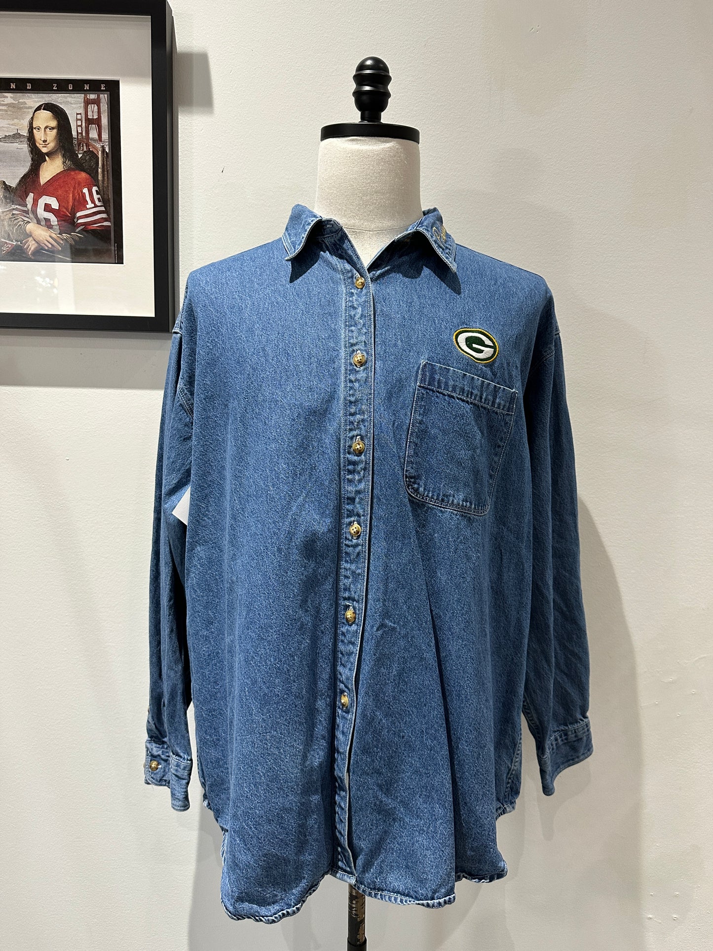 (Womens XL) NFL Green Bay Packers Denim Button-Up Shirt 007