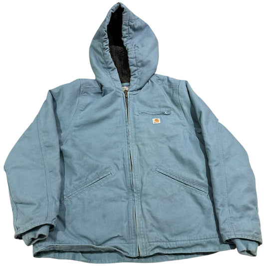 Vintage Carhartt Sherpa Fleece Lined Zip Up Hooded Jacket Youth Medium Blue