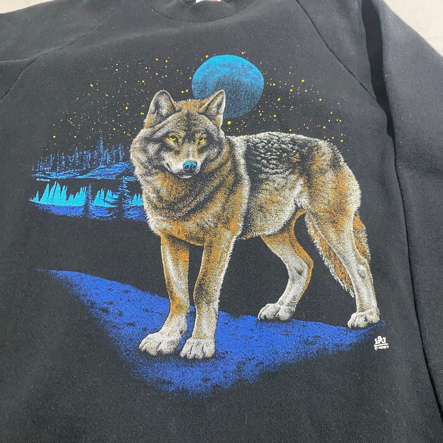 Vintage 90's Wolf Sweater Womans Large Black Nature Animal Black Moon Jerzees