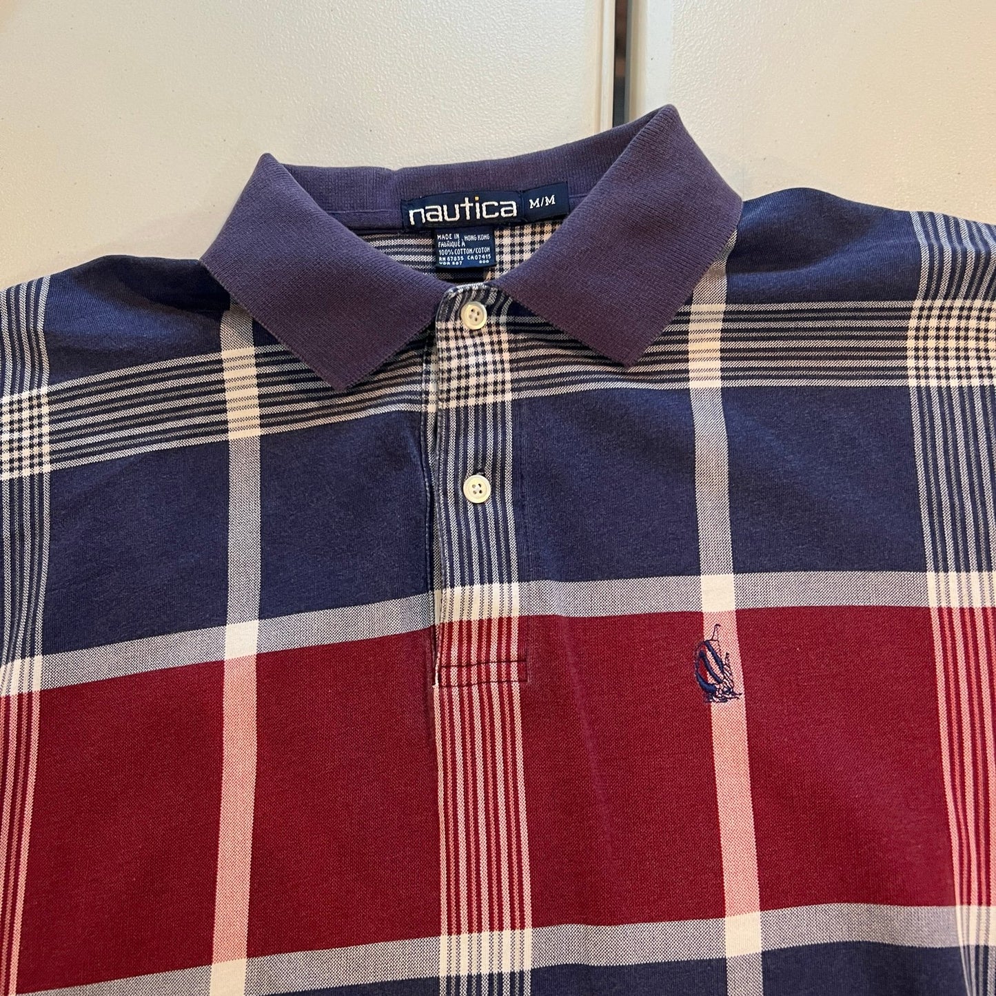 Vintage Nautica Polo Shirt Mens Medium Plaid Blue Red Short Sleeve Preppy Boat