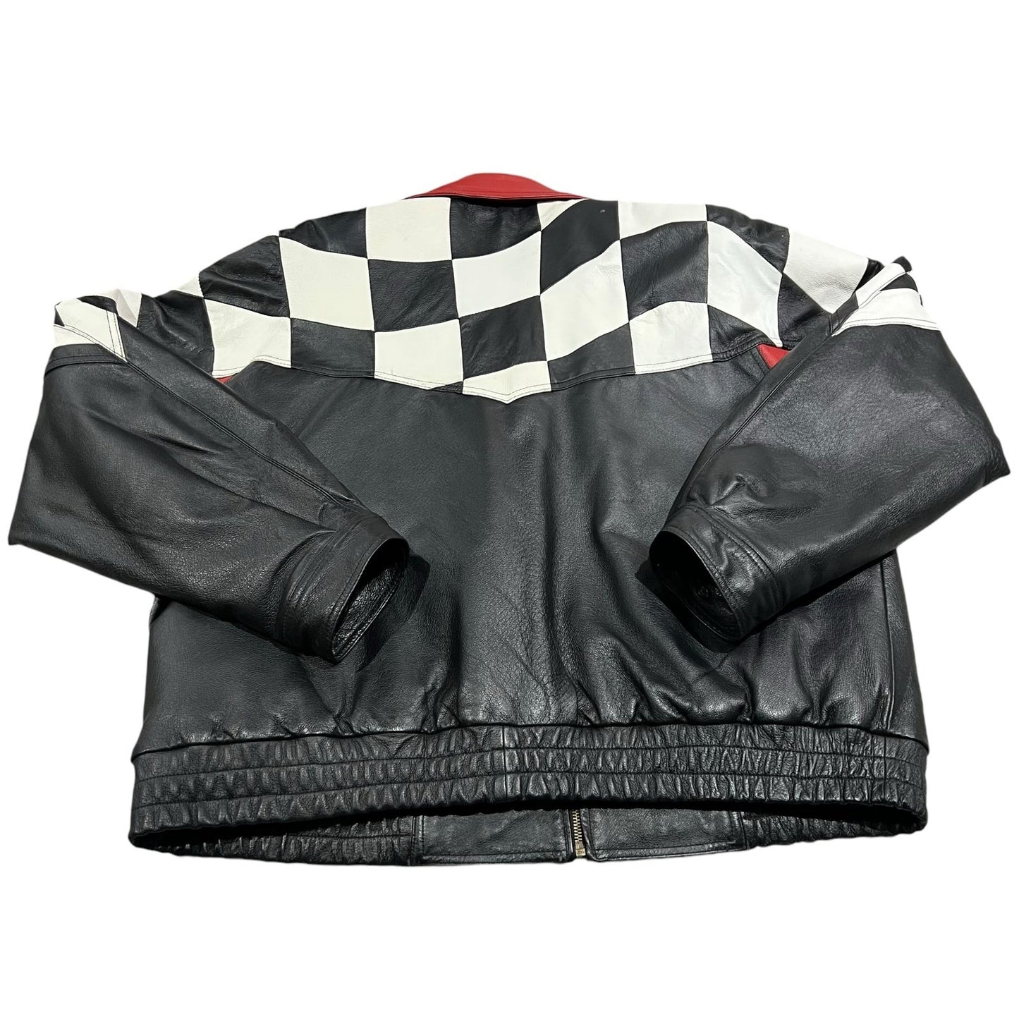 Vintage Burk's Bay Logo Checkered Leather Jacket Mens XL Bomber Racing