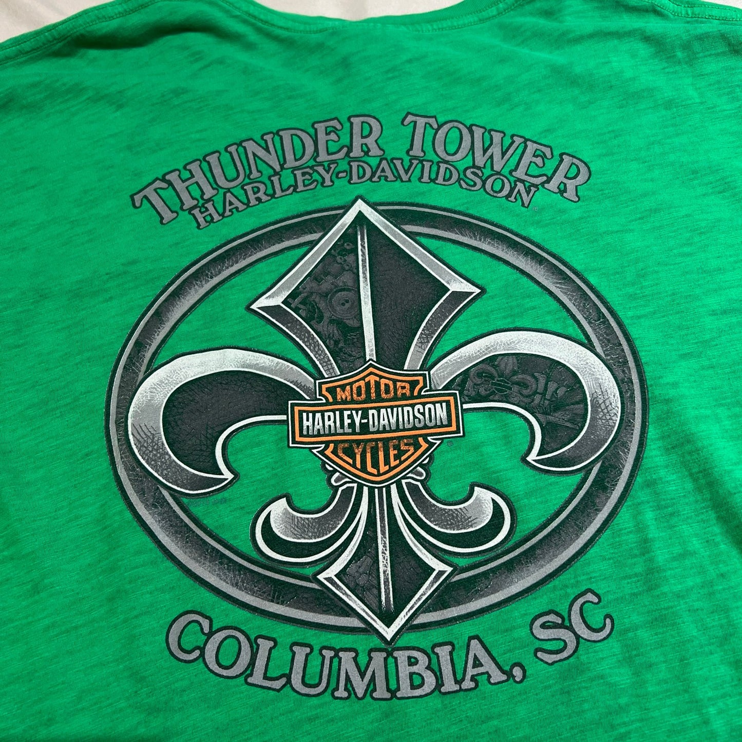 Harley Davidson Thunder Tower Columbia Shirt Mens 2XL XXL Green Short Sleeve