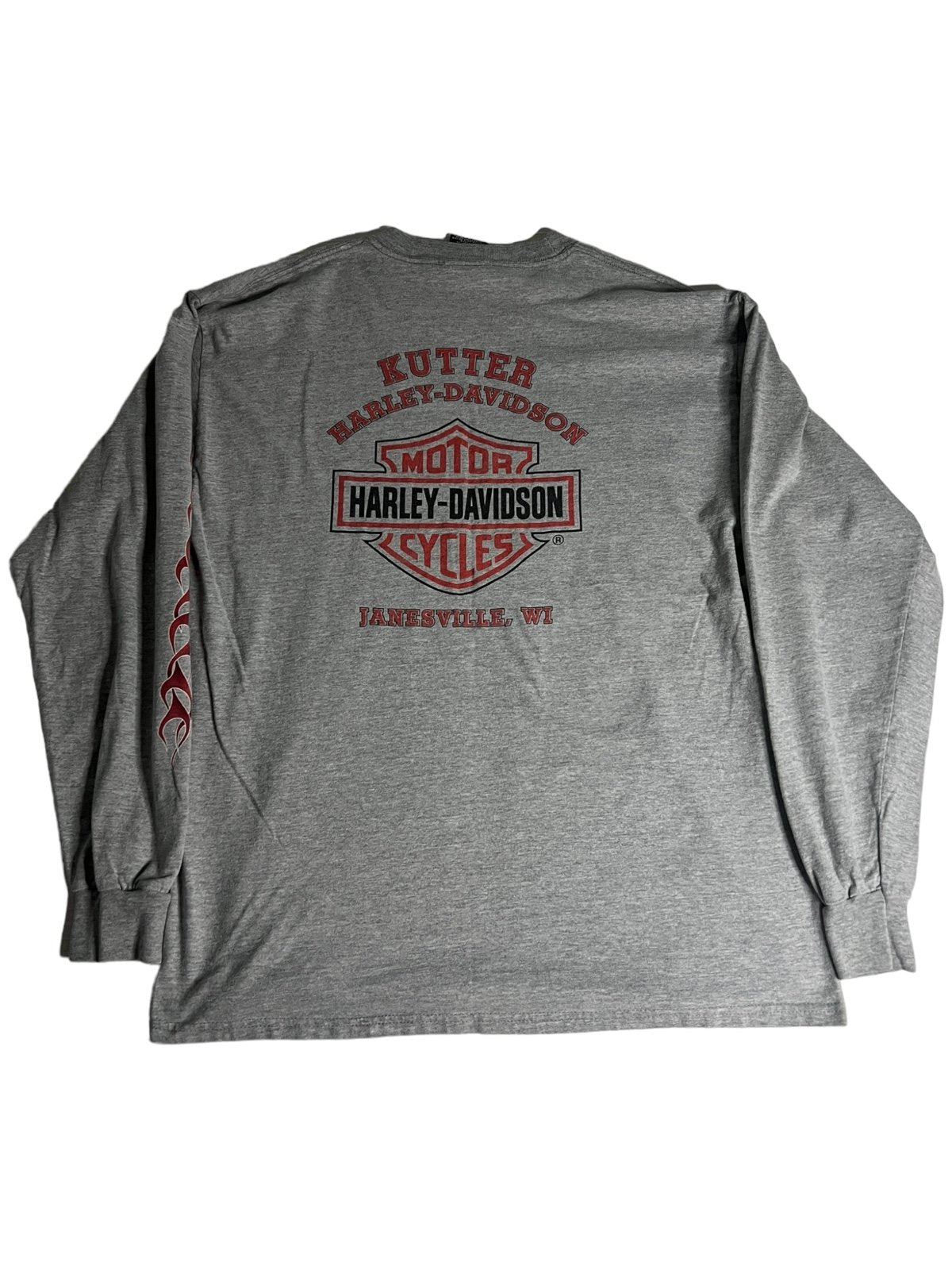 Harley Davidson Shirt Mens Large Long Sleeve Gray Flame Janesville Motorcycle