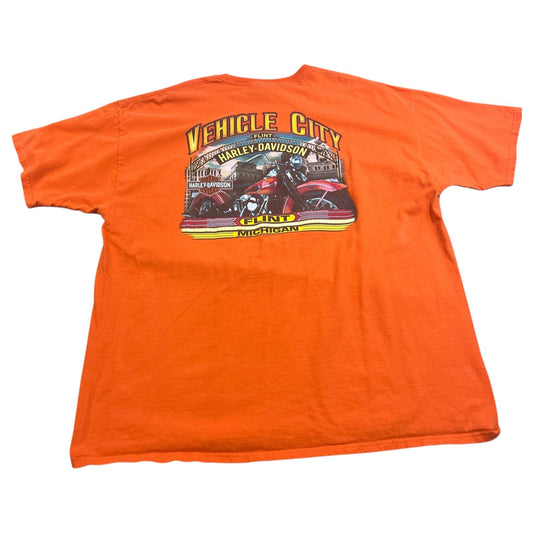 Harley Davidson Hanes Vehicle City Flint Mens 2XL XXL Orange Short Sleeve