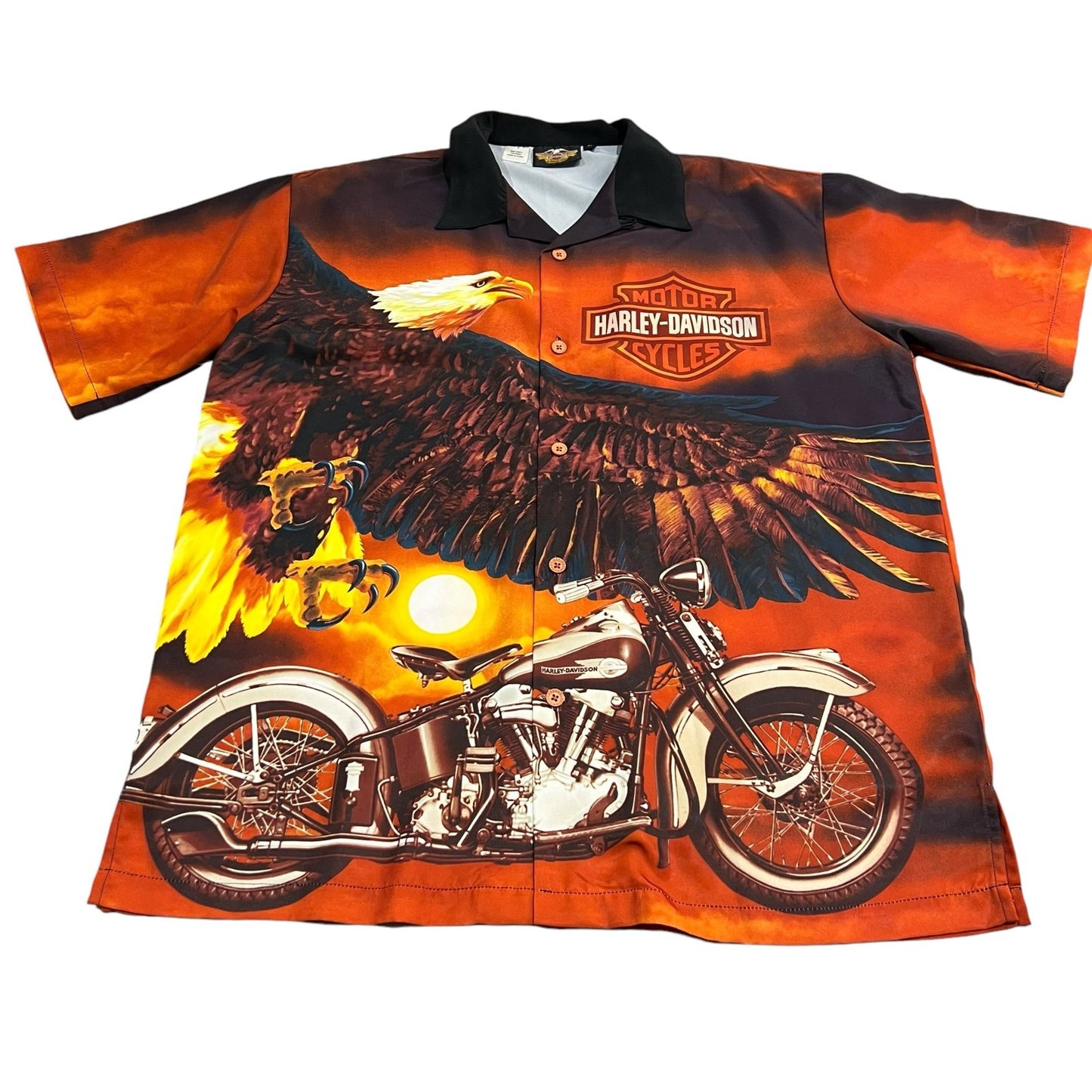 Vintage Harley Davidson Button Up Shirt Mens Large All over Print Orange Eagle