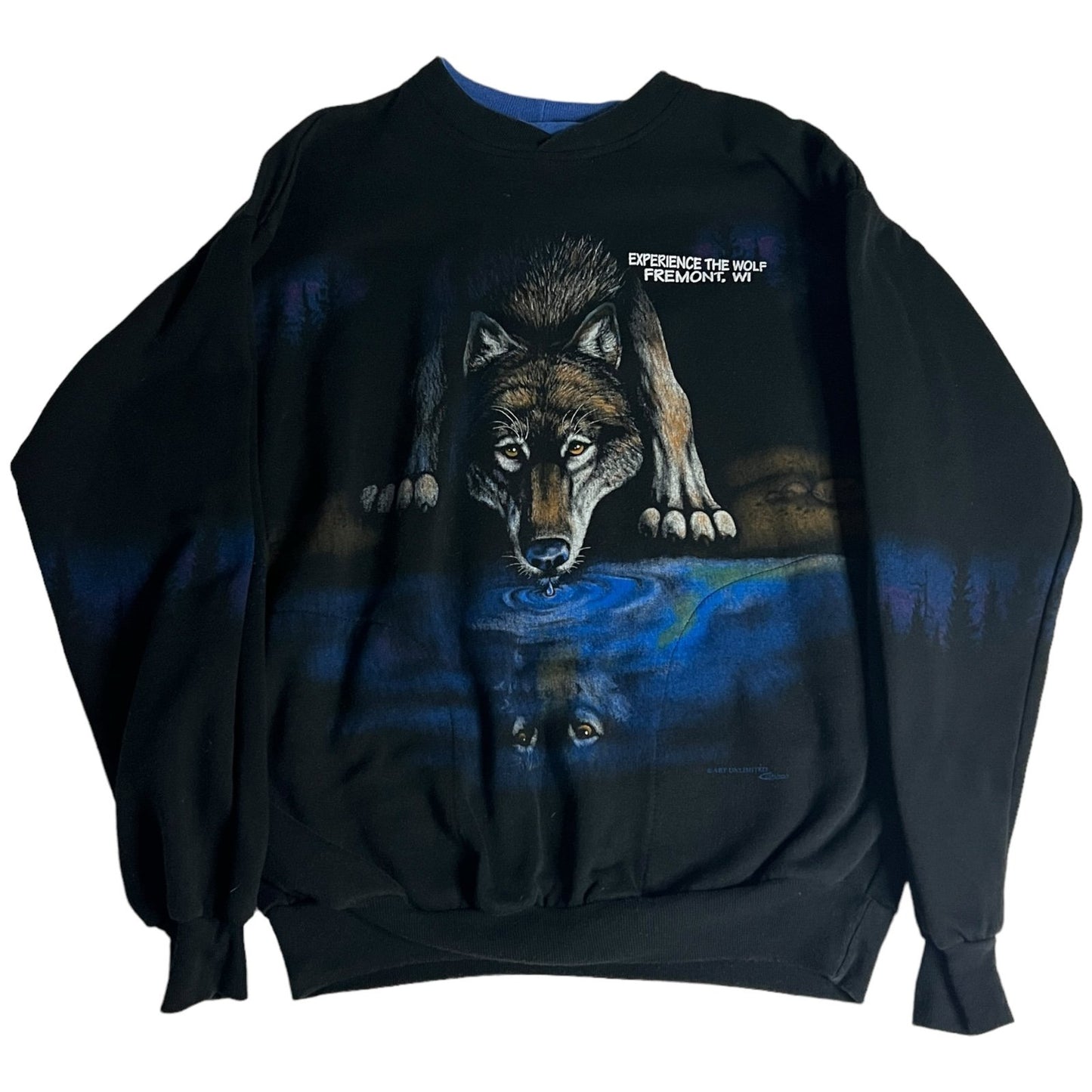 Vintage Wolf Wrap Around Sweater Mens Medium Art Unlimited Crewneck Black Animal