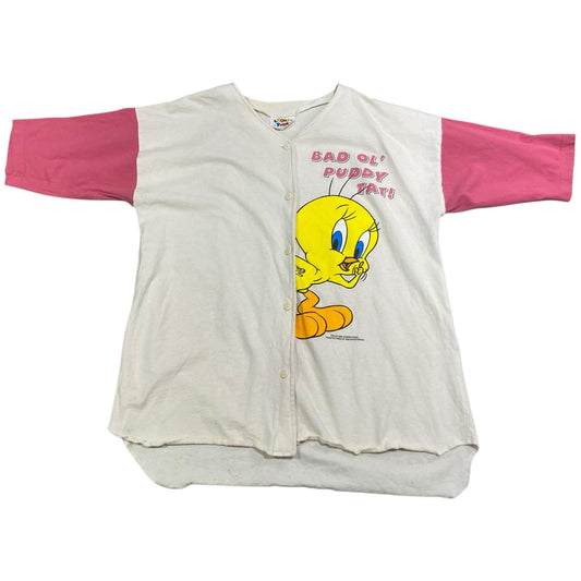 Vintage 1995 Tweety Bird Baseball Jersey Womans Large Looney Tunes Pink