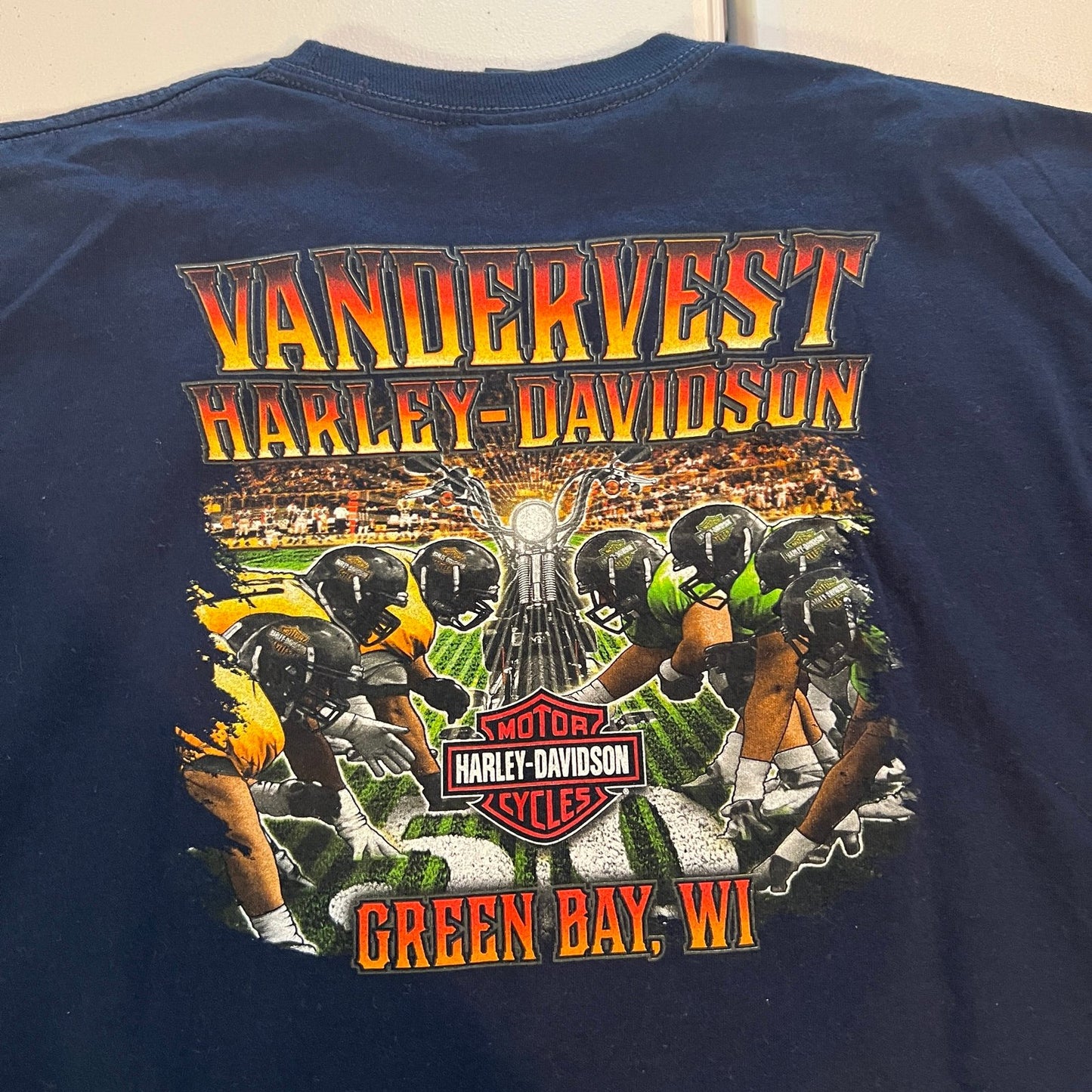 Harley Davidson Shirt Mens XL Navy Blue Green Bay Motorcycle Biker Rider