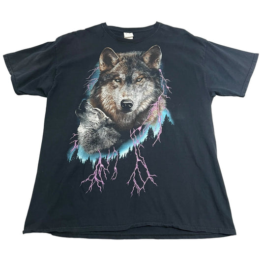 Vintage 90's Wolf Shirt Mens XL Black Lightning Nature Animal Short Sleeve