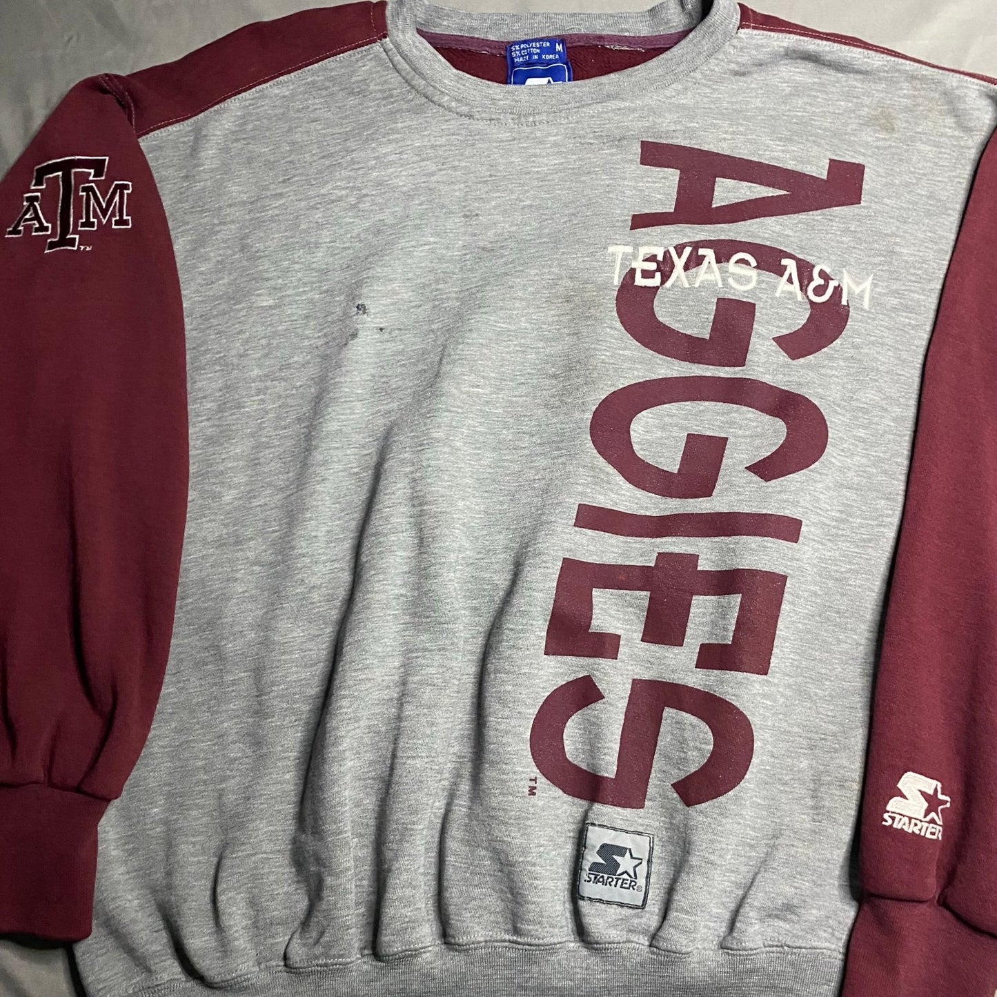 Vintage Texas A&M Crewneck Sweater Mens Medium STATER 90's Aggies Gray Red