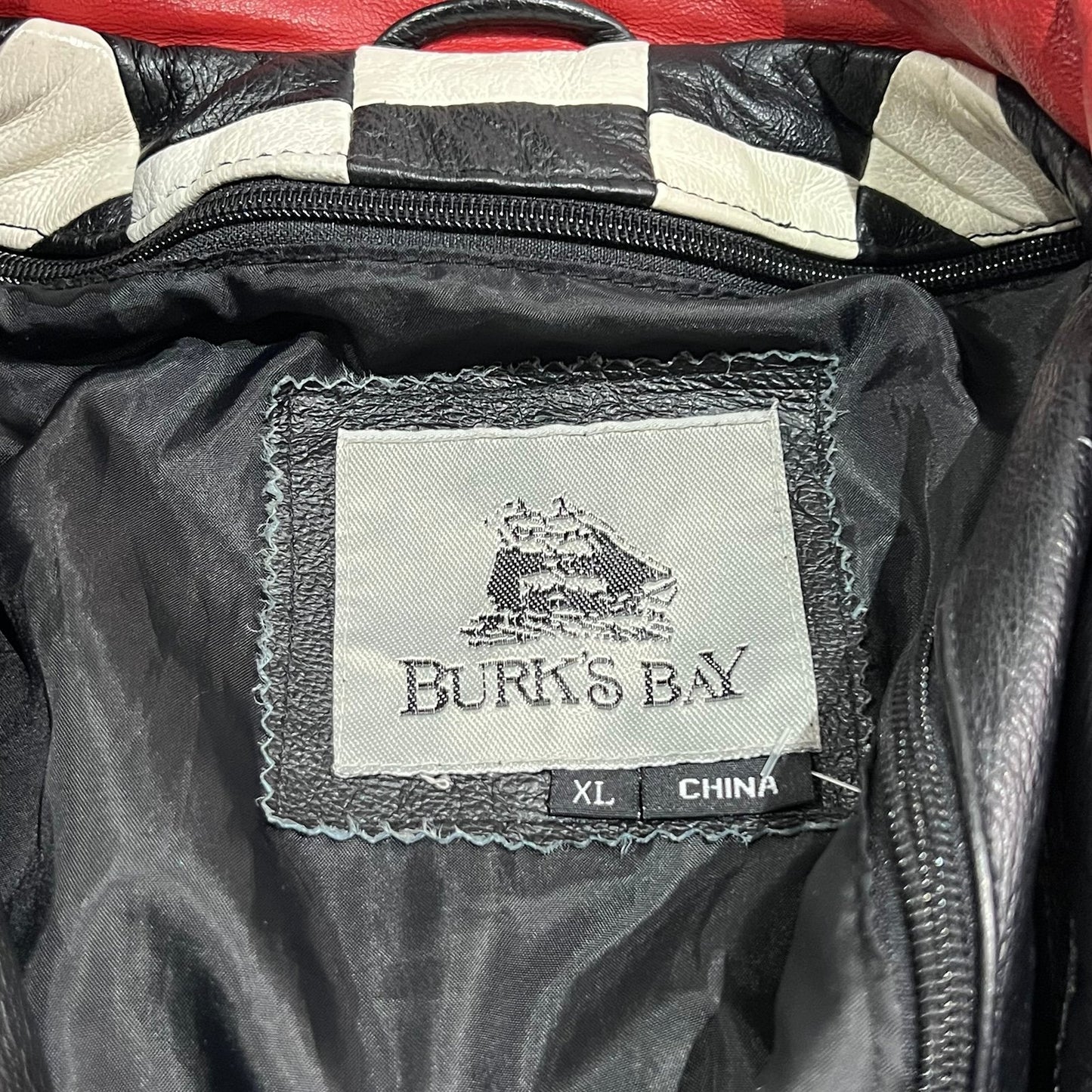 Vintage Burk's Bay Logo Checkered Leather Jacket Mens XL Bomber Racing