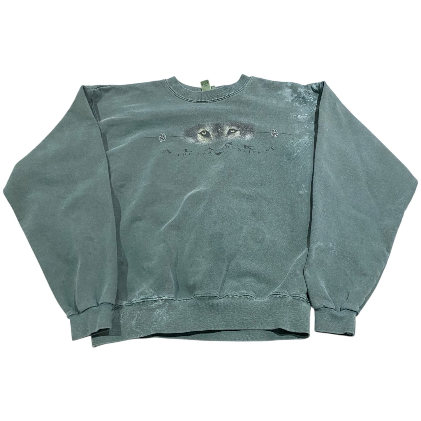 Vintage Wolf Crewneck Sweater Womans Medium Green Alaska Nature Animal Faded