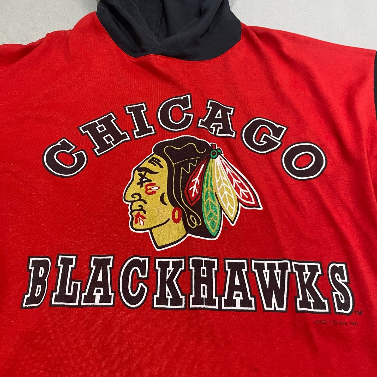 Vintage 90's Chicago Blackhawks Hoodie Shirt Mens Large LOGO 7 NHL Black Red