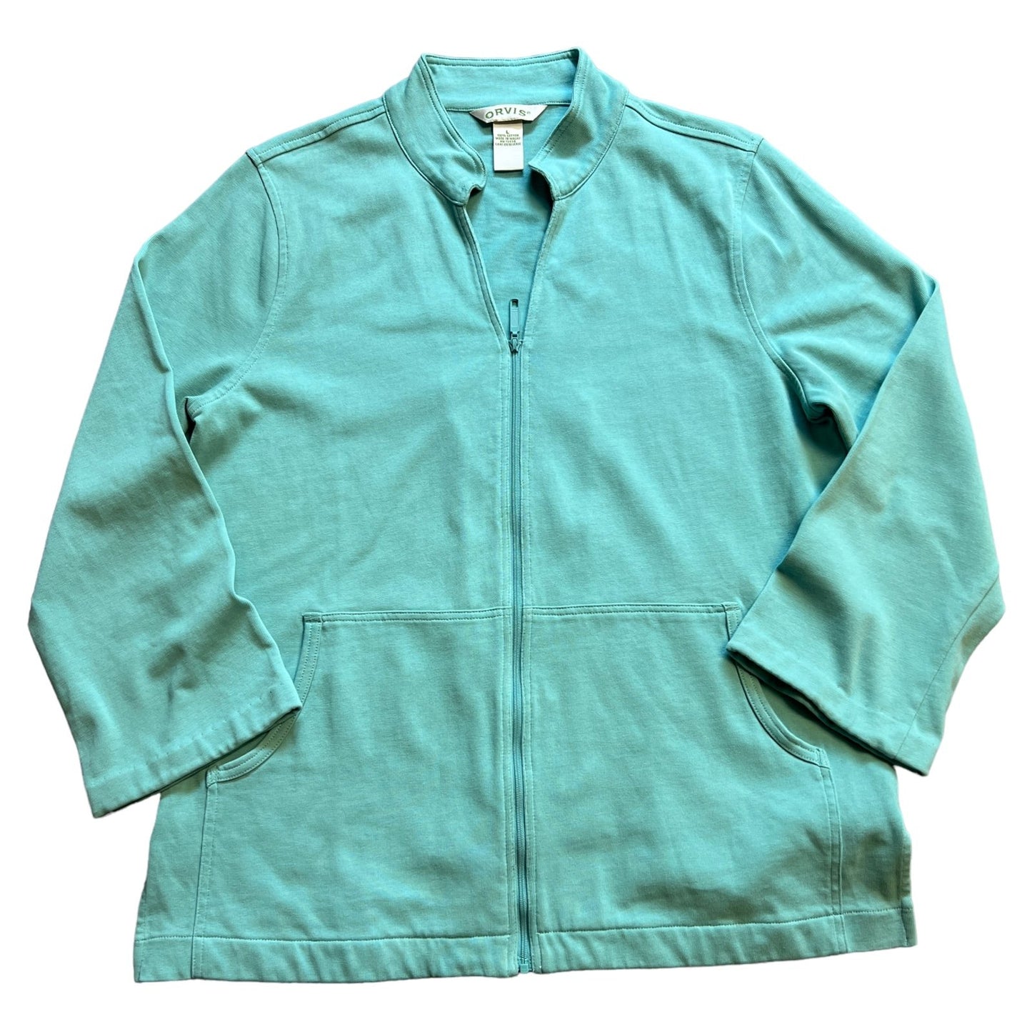 ORVIS Sweater Womens Large Mock Neck Teal Blue Outdoors Zip Up