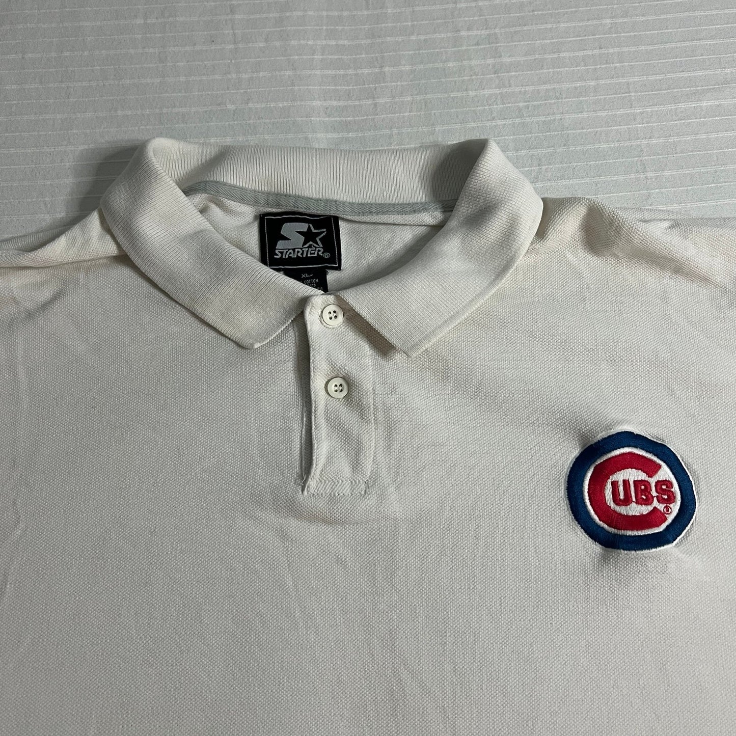 Vintage Chicago Cubs STARTER Polo Shirt Mens XL White Embroidered Short Sleeve