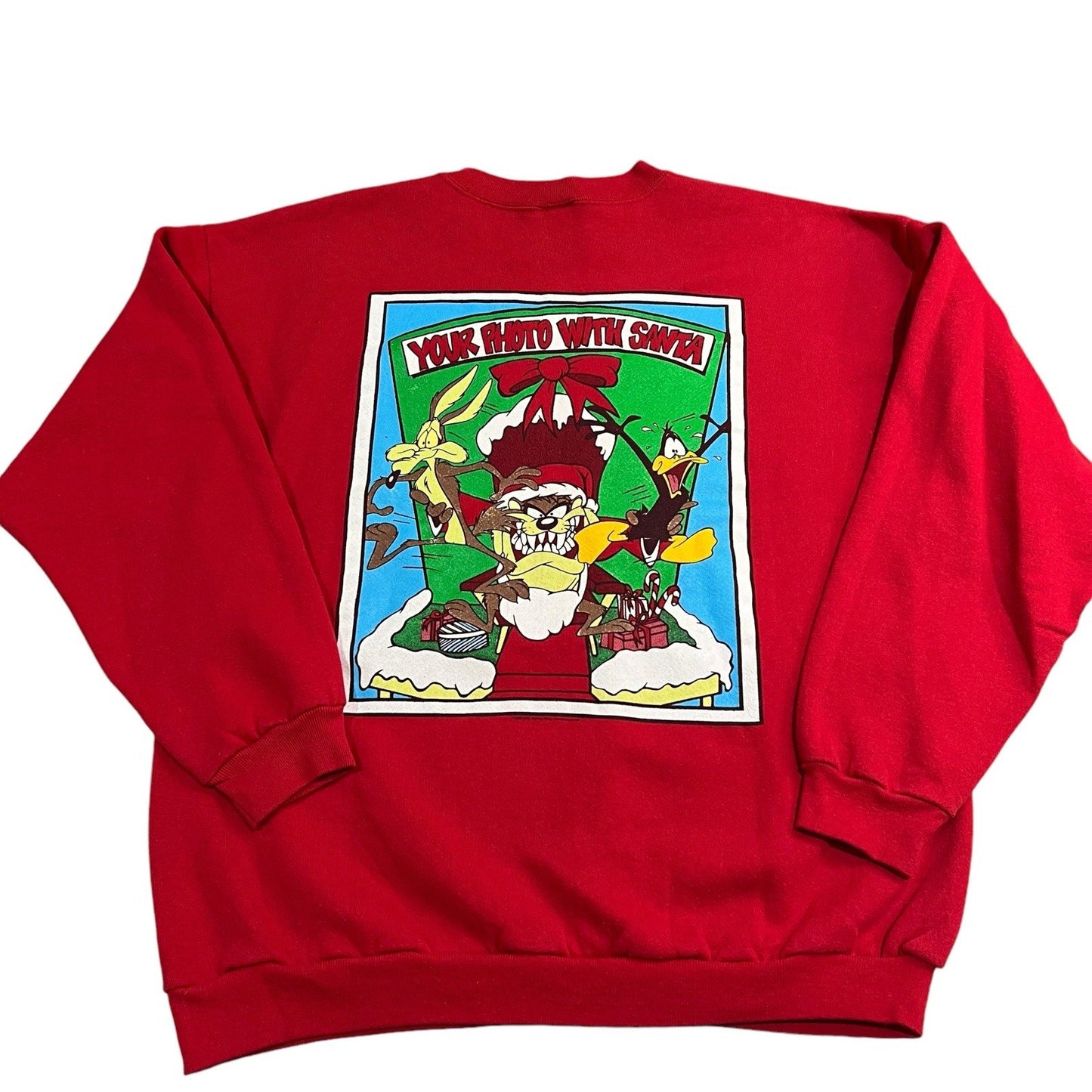 Vintage 90's Looney Tunes Christmas Sweater Mens XL Red Taz Daffy Bugs Santa