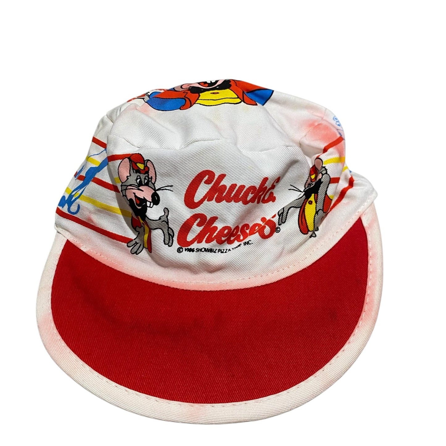 Vintage Chuck E Cheese Pizza Painters Hat Stretch Cap 1986 Show Biz Youth Size