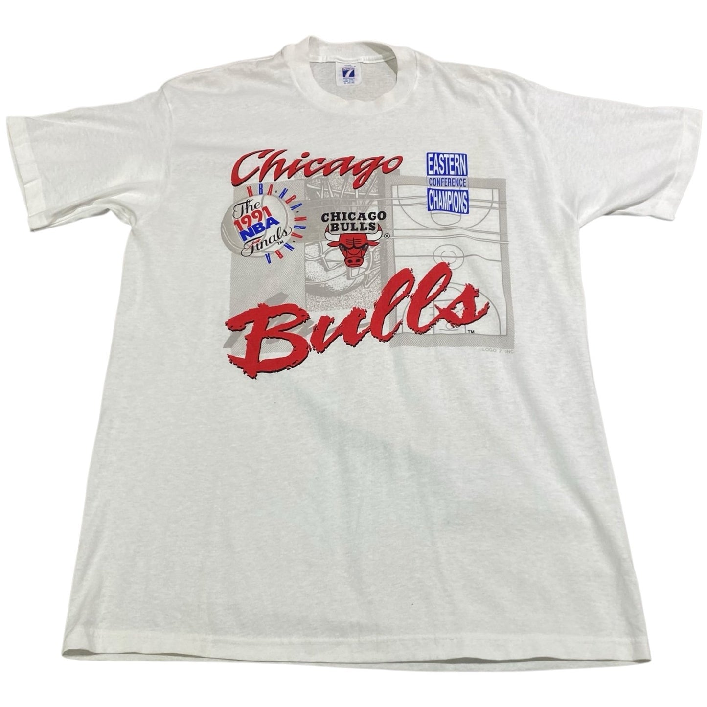 Vintage 1991 Chicago Bulls Womans XL Shirt LOGO 7 White Short Sleeve Champs NBA