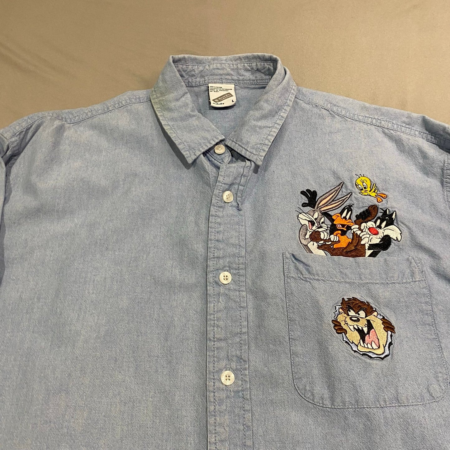 Vintage Looney Tunes Warner Bros Button Up Long Sleeve Mens Large Embroidered