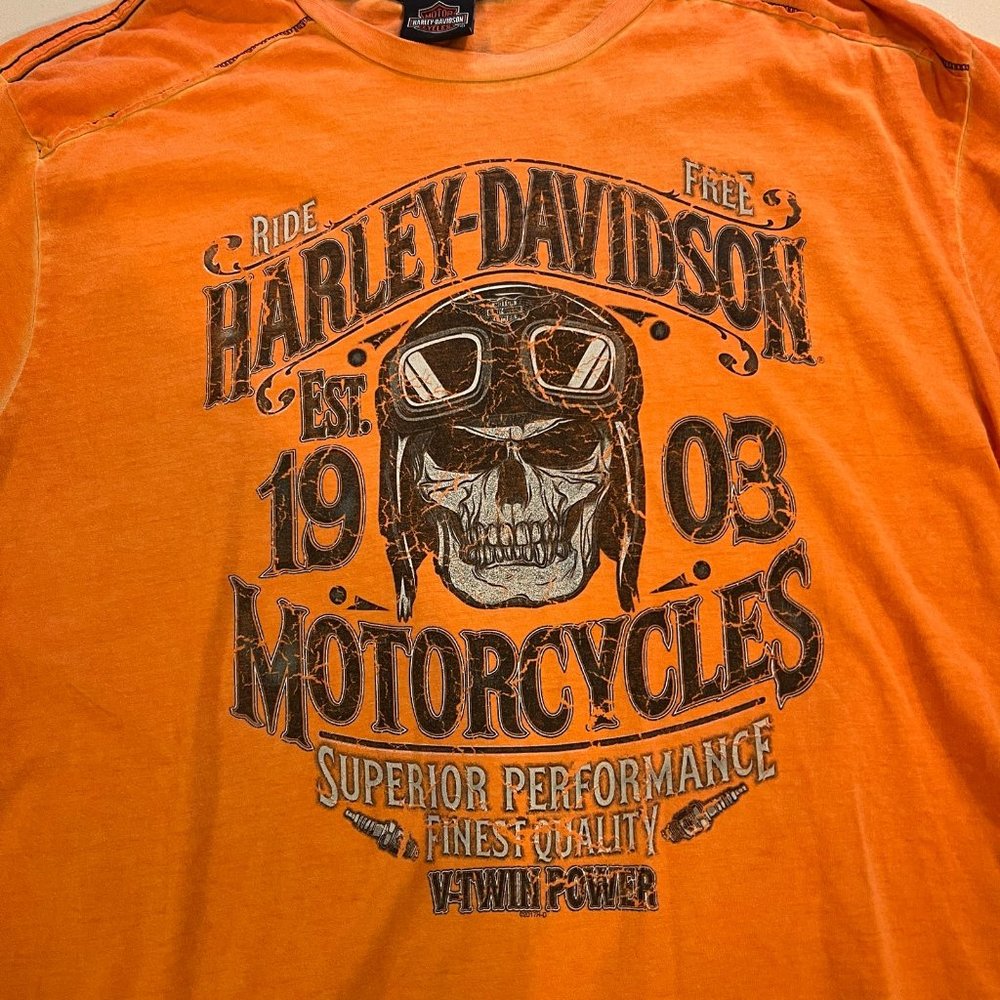 Harley Davidson Shirt Mens XL Orange Motorcycle Short Sleeve Deadwood Skull