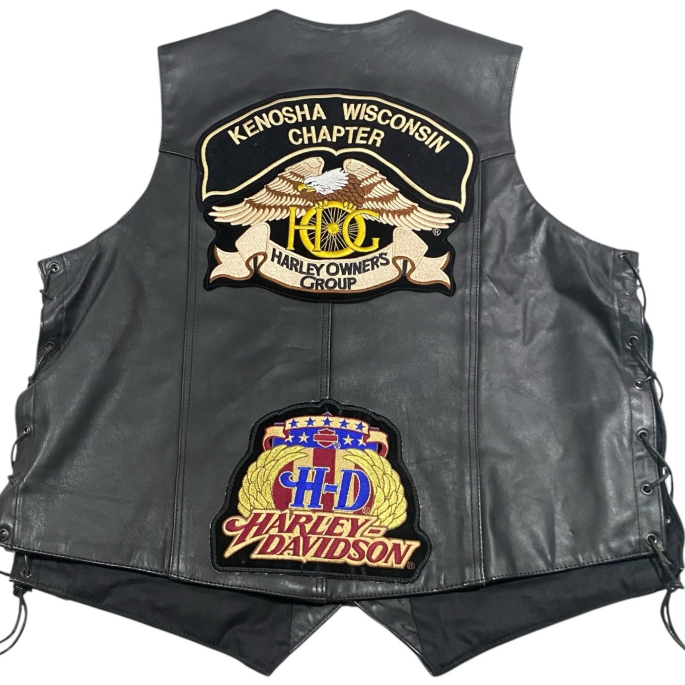 Harley Davidson Leather Vest Mens XL Black Kenosha Wisconsin Owners Group Patch