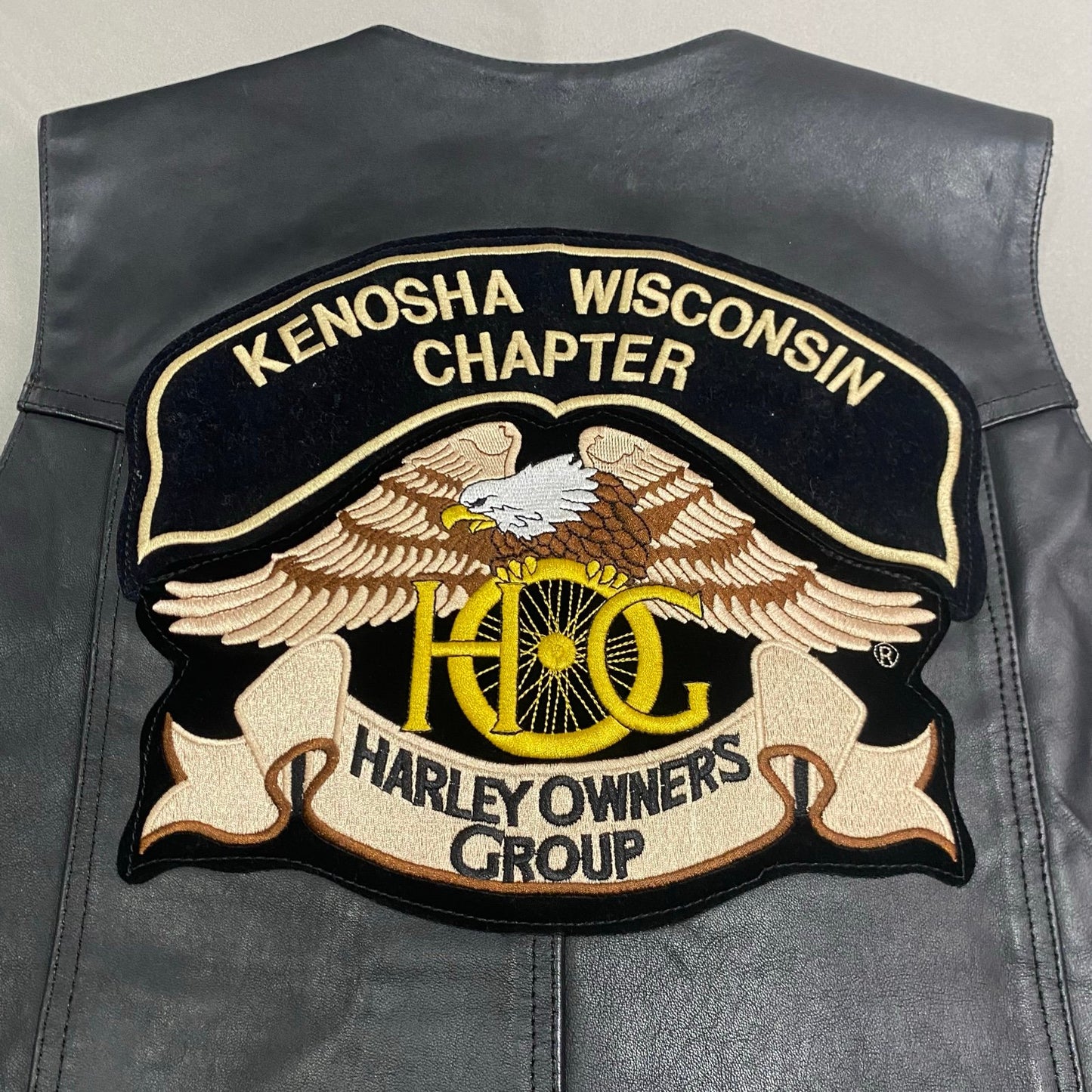 Harley Davidson Leather Vest Mens XL Black Kenosha Wisconsin Owners Group Patch