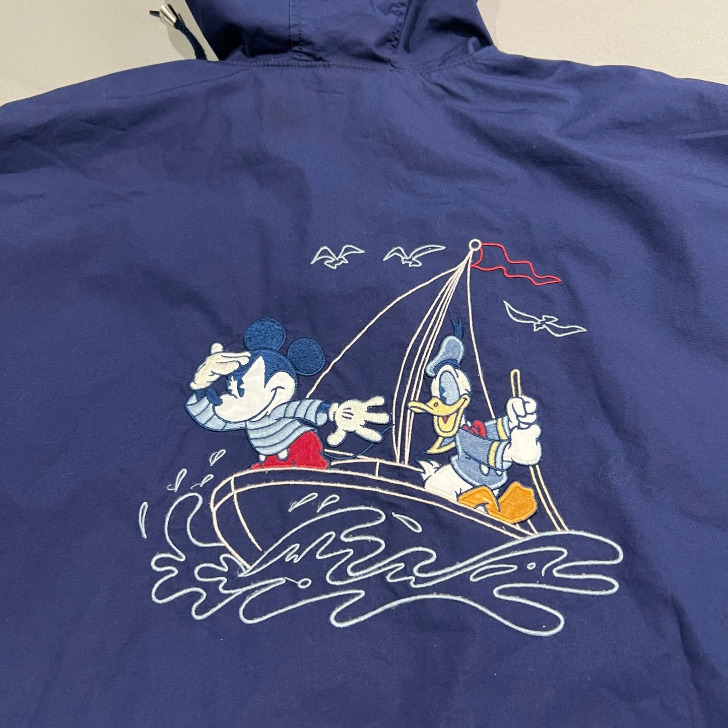 Vintage Disney Mickey Mouse Donald Duck Sail Boat Jacket Blue Full Zip Hood