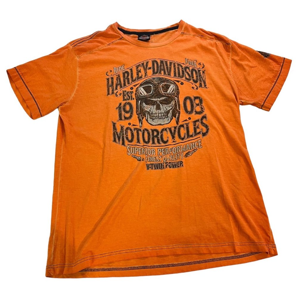 Harley Davidson Shirt Mens XL Orange Motorcycle Short Sleeve Deadwood Skull