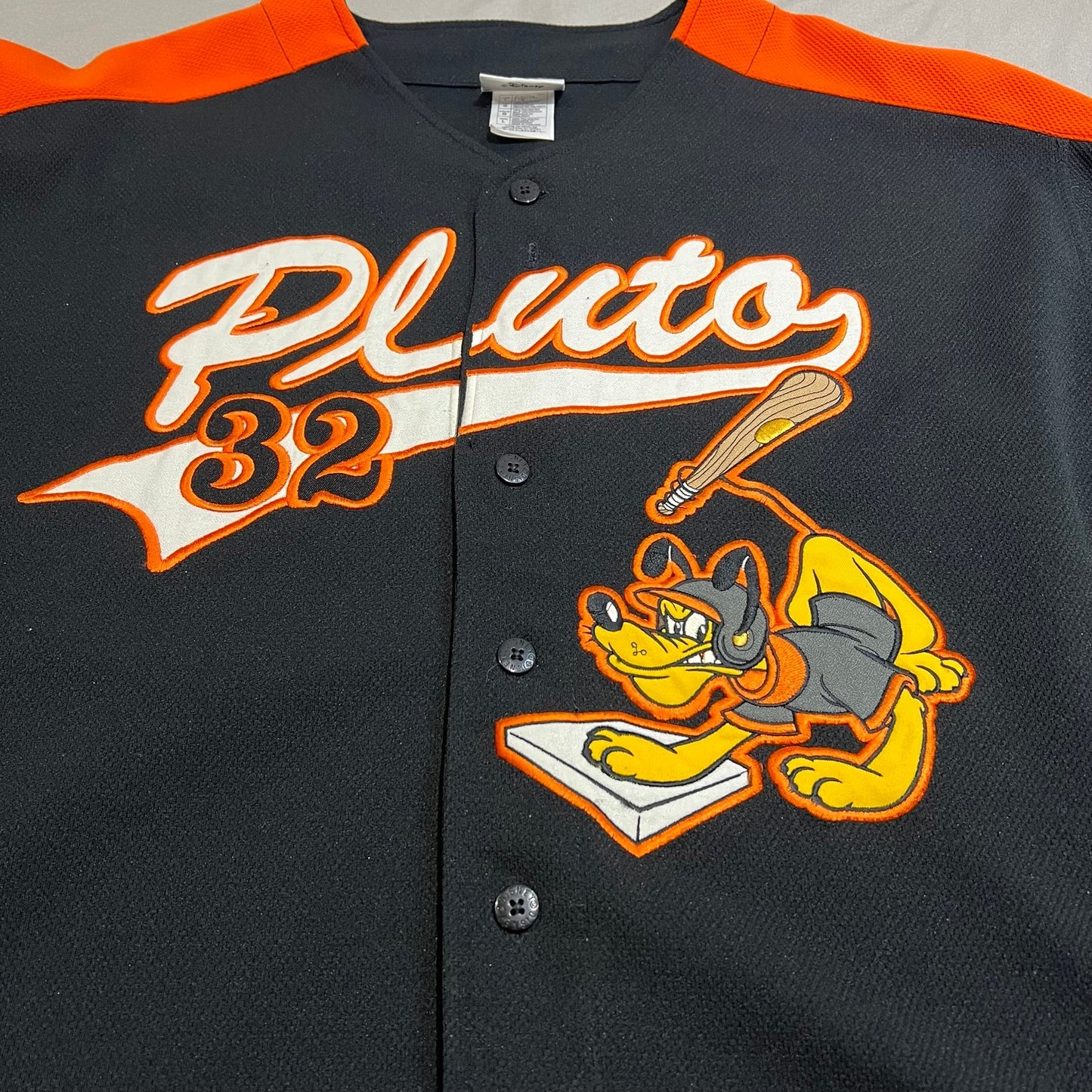 Vintage Pluto Baseball Jersey Mens Large Disney #32 Embroidered Black Orange