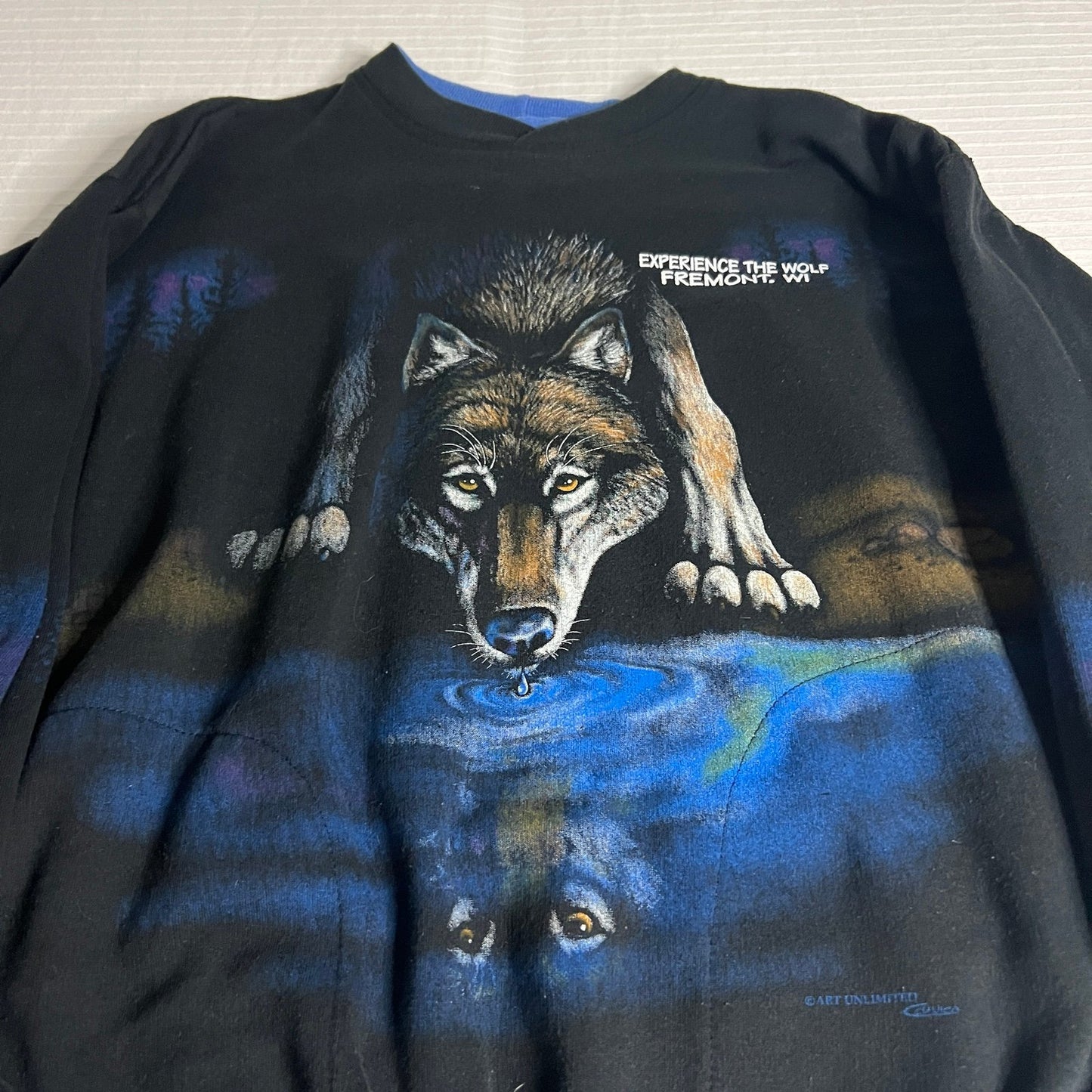 Vintage Wolf Wrap Around Sweater Mens Medium Art Unlimited Crewneck Black Animal