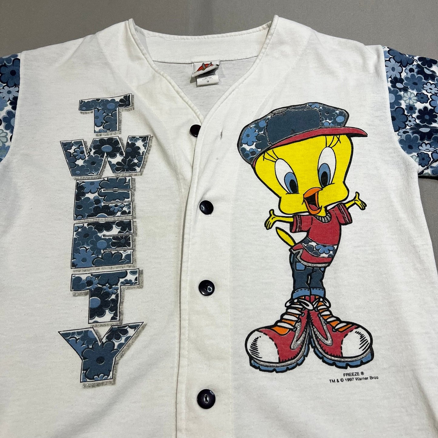 Vintage 1997 Tweety Bird Baseball Jersey Warner Bros Woman's Medium White Blue