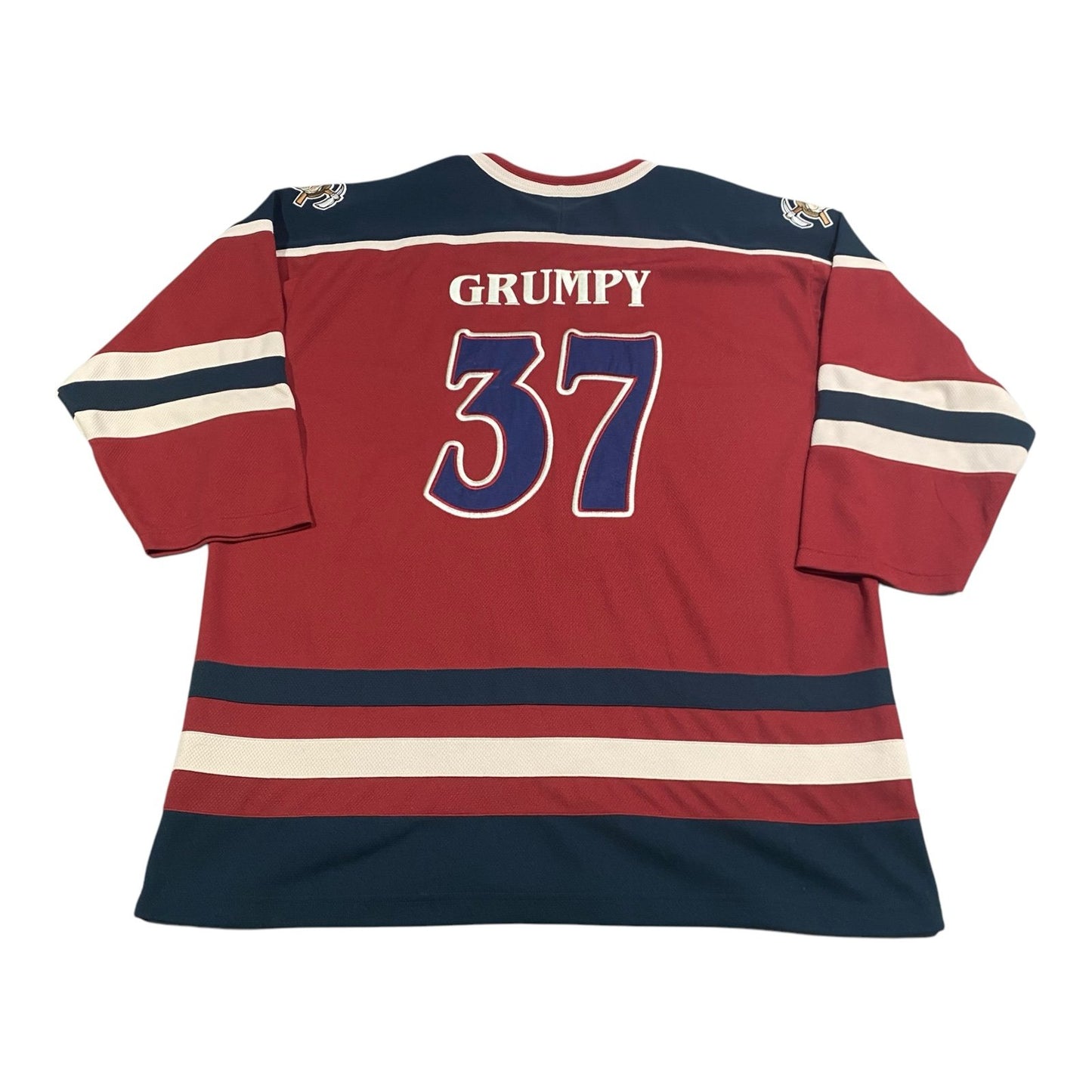 Grumpy Miners Hockey Jersey Mens Large Disney #37 Stitch Sewn Red Blue Dwarfs