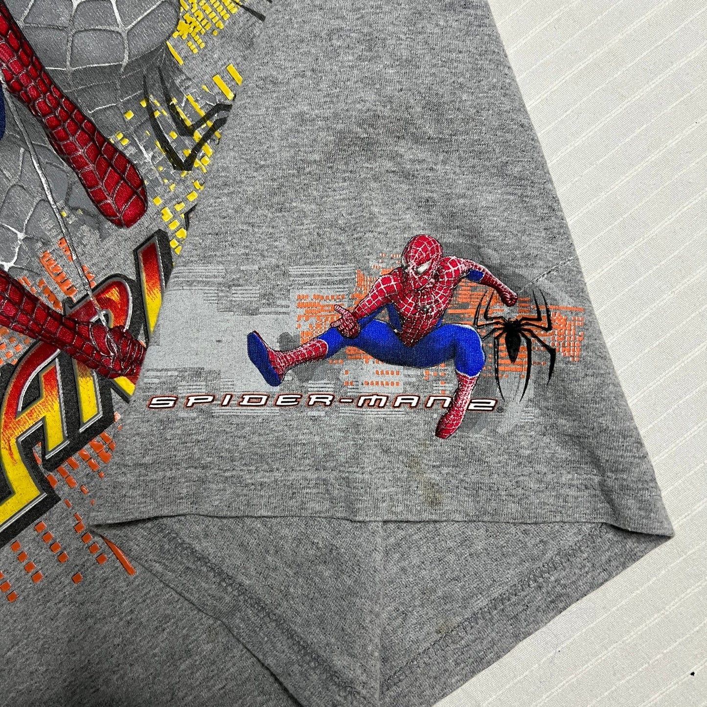 Vintage Spiderman 2004 Promo Shirt Kids XL Short Sleeve Gray Marvel Fearless