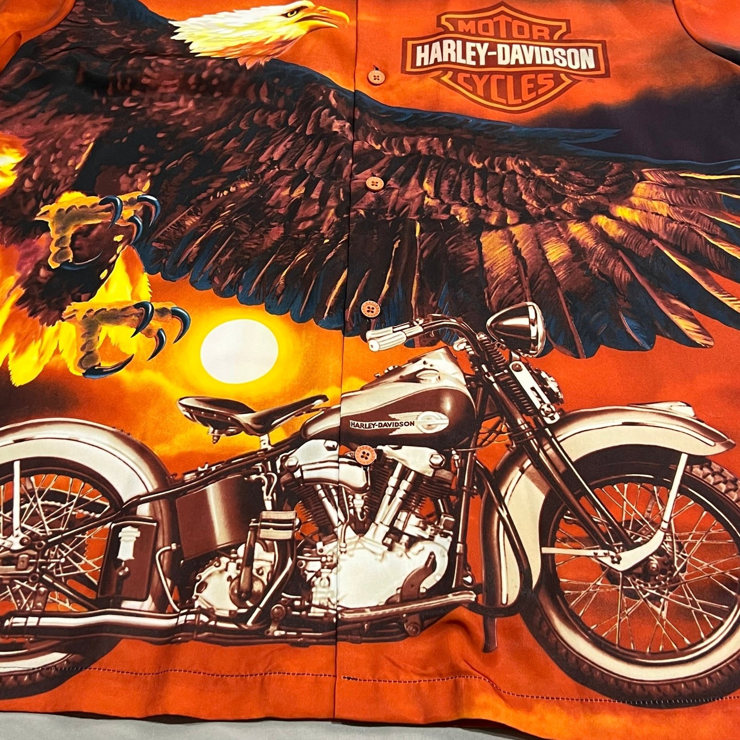 Vintage Harley Davidson Button Up Shirt Mens Large All over Print Orange Eagle