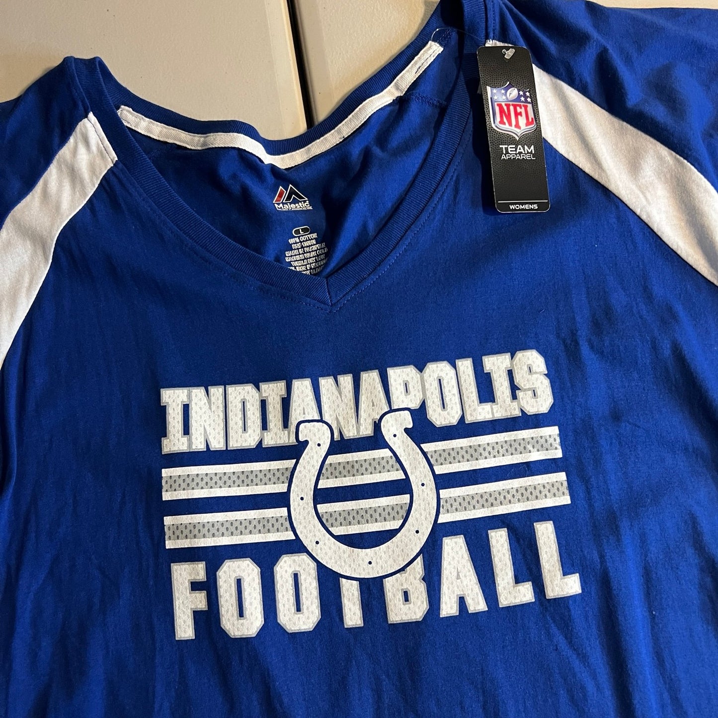 NWT Indianapolis Colts Shirt Womens Large Blue Football NFL V-Neck Short Sleeve