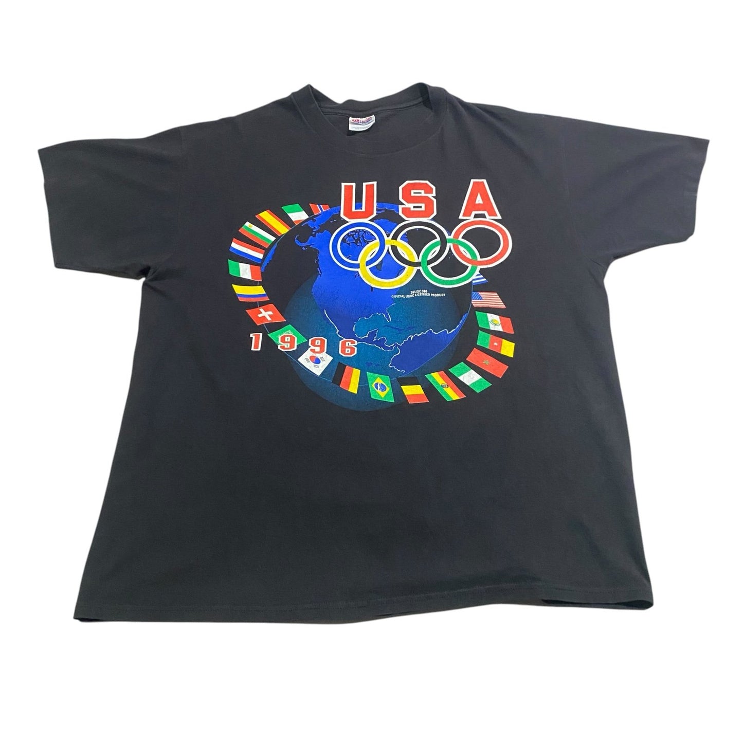 Vintage 1996 Summer Olympic Shirt Mens XL Black Short Sleeve Flags