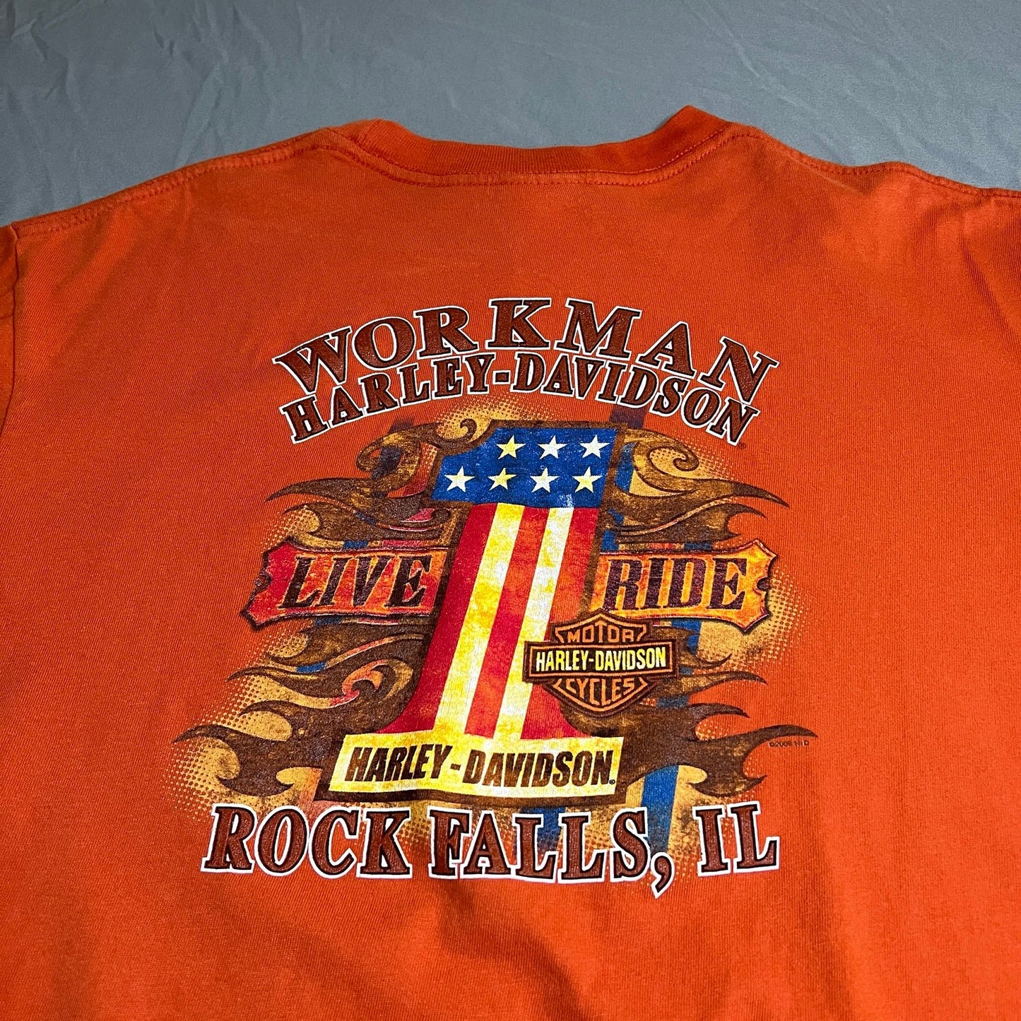 Harley Davidson Shirt Mens Large Orange Rock Falls Short Sleeve Motorcycle Biker