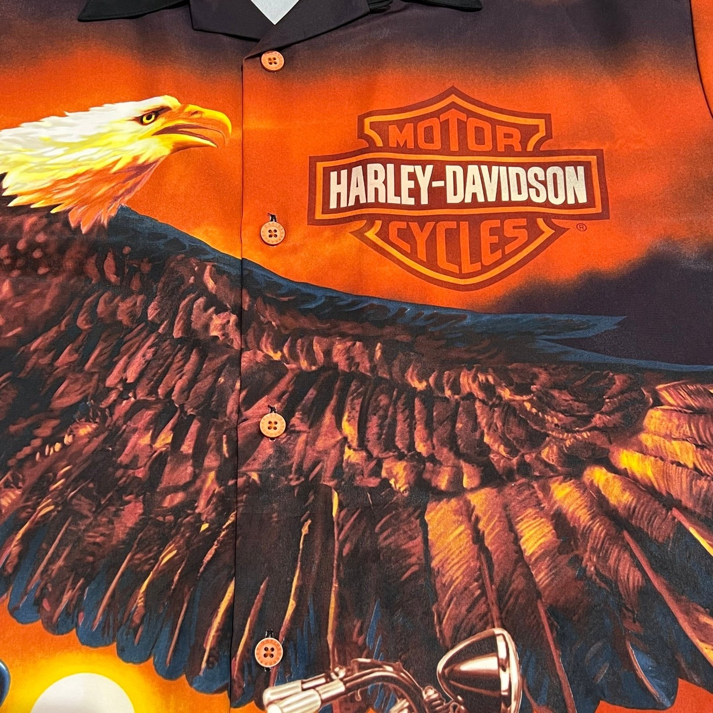 Vintage Harley Davidson Button Up Shirt Mens Large All over Print Orange Eagle