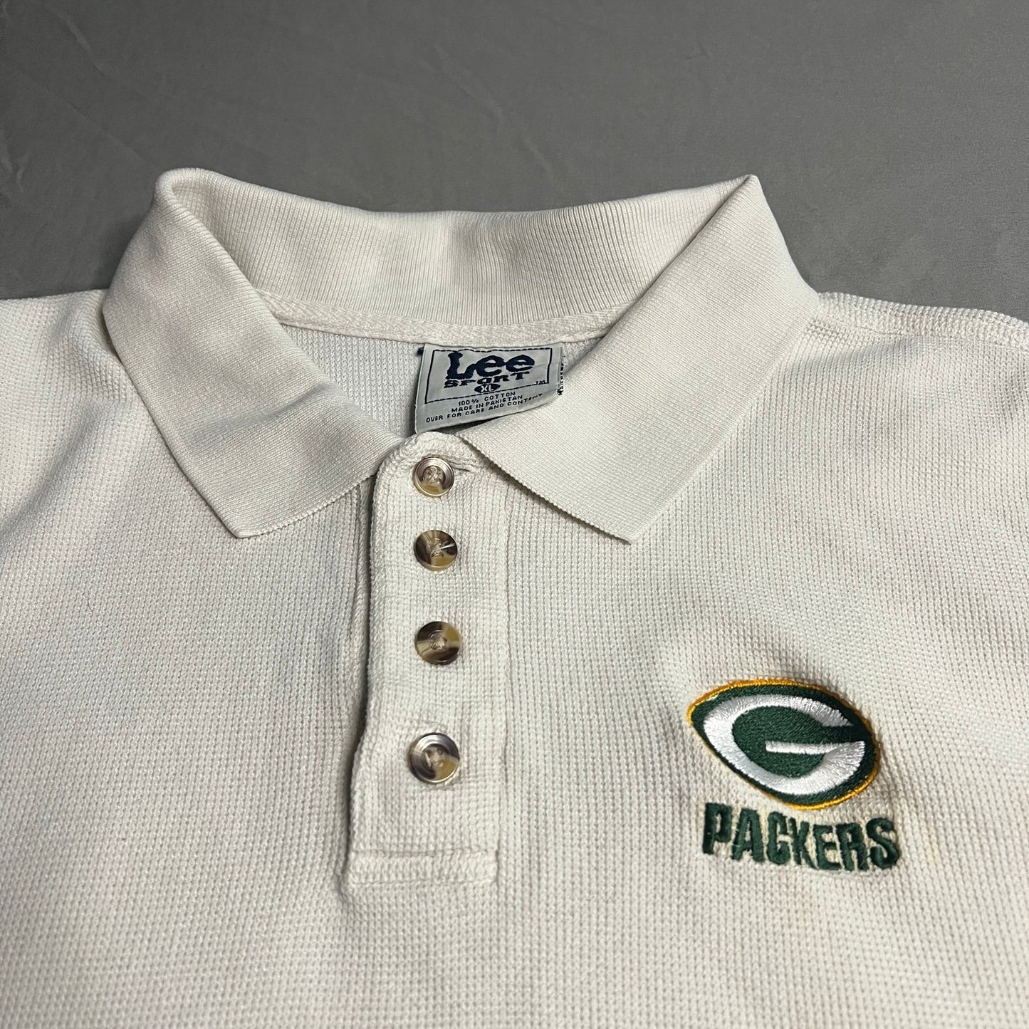 Vintage Green Bay Packers Polo Shirt Mens XL White Embroidered White Lee Sport